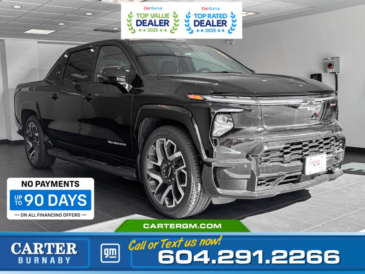 Purchase your new vehicle today and enjoy NO PAYMENTS FOR UP TO 90 DAYS. Upgrade with confidence, without stretching your budget!  Introducing the 2025 Chevrolet Silverado EV Extended Range RST. Enjoy up to 628 km of range, a panoramic glass roof, a 17.7" diagonal advanced colour LCD display, and premium comfort with Dual-Zone Climate Control and Rear Air Vents. Stay confident with Adaptive Cruise Control, HD Surround Vision, Reverse Automatic Braking, and 18" High Gloss Black wheels in a Chevrolet Silverado EV thats built for the future.  Come take it for a test drive today and experience all this stylish vehicle has to offer!  WHY CARTER GM BURNABY?  - An unrivalled vehicle purchasing experience! - Exceeding our loyal customers expectations since 1963 - 4.5 Google star rating with 2,175+ customer reviews) - CarGurus Top-Rated Dealer 2025 Award - CarGurus Top Value Dealer 2025 Award - Vehicle trades welcome! Best price guaranteed! - We provide upfront pricing, zero hidden fees, and 100% transparency - Fast approvals and 99% acceptance rates (no matter your current credit status!) - Multilingual staff (many languages spoken) - Comfortable non-pressured environment with in-store television, WIFI and a childrens play area! - In-store restaurant: fresh daily menu        Were here to help you drive the vehicle you want, the vehicle you deserve! QUESTIONS? GREAT! WEVE GOT ANSWERS! To speak with a friendly vehicle specialist - CALL NOW! (Doc. Fee: $495.00 Dealer Code: D5505)