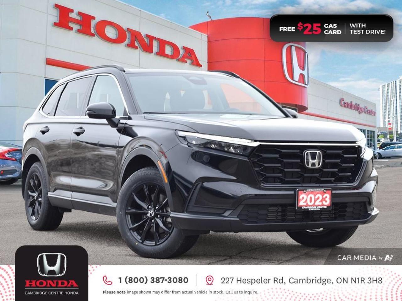 <p><strong>NEW COMPREHENSIVE WARRANTY INLCUDED & VALID TO 10/14/2029 OR 160,000 KMS! ONE PREVIOUS OWNER! TEST DRIVE TODAY! </strong>2023 Honda CR-V Sport featuring CVT transmission, five passenger seating, remote engine starter, rearview camera with dynamic guidelines, power sunroof, Apple CarPlay and Android Auto connectivity, Siri® Eyes Free compatibility, ECON mode, Bluetooth, steering wheel mounted controls, cruise control, air conditioning, dual climate zones, heated front seats, 12V power outlet, proximity key entry, push button start, idle stop, power mirrors, power locks, power windows, 60/40 split fold-down rear seatback, Anchors and Tethers for Children (LATCH), The Honda Sensing Technologies - Adaptive Cruise Control, Forward Collision Warning system, Collision Mitigation Braking system, Lane Departure Warning system, Lane Keeping Assist system, Road Departure Mitigation system, Blind Spot Information System, remote keyless entry with hands-free access, power tailgate with programmable height, auto on/off projector-beam halogen headlights, auto high-beams, LED daytime running lights, electronic stability control and anti-lock braking system. Contact Cambridge Centre Honda for special discounted finance rates, as low as 8.99%, on approved credit from Honda Financial Services.</p>

<p><span style=color:#ff0000><strong>FREE $25 GAS CARD WITH TEST DRIVE!</strong></span></p>

<p>Our philosophy is simple. We believe that buying and owning a car should be easy, enjoyable and transparent. Welcome to the Cambridge Centre Honda Family! Cambridge Centre Honda proudly serves customers from Cambridge, Kitchener, Waterloo, Brantford, Hamilton, Waterford, Brant, Woodstock, Paris, Branchton, Preston, Hespeler, Galt, Puslinch, Morriston, Roseville, Plattsville, New Hamburg, Baden, Tavistock, Stratford, Wellesley, St. Clements, St. Jacobs, Elmira, Breslau, Guelph, Fergus, Elora, Rockwood, Halton Hills, Georgetown, Milton and all across Ontario!</p>