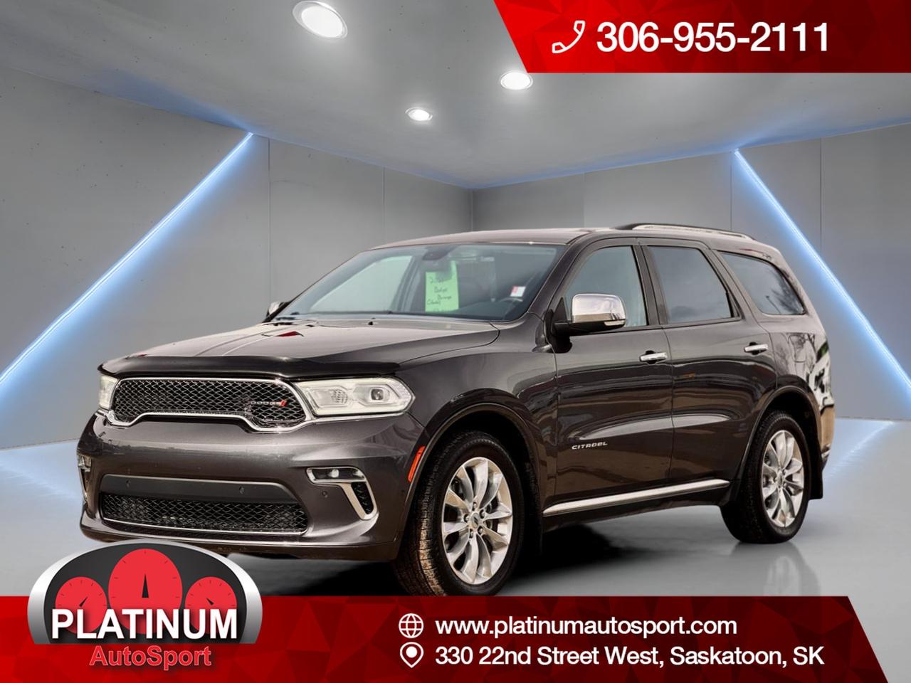 All Trades Accepted. In-house Financing Available. Flexible Payments and Zero Down Financing. All Credit Situations Accepted O.A.C

// EXCELLENT CONDITION! //

Meet the 2021 Dodge Durango Citadel, now available at Platinum Autosport in Saskatoon. Finished in Grey with a Black interior, this 4-door SUV blends family-ready space with a premium feel. With 152,420 km, it is well suited for drivers who want capability, comfort, and confident all-season control.

The 2021 Dodge Durango Citadel is powered by a 3.6 L gas engine paired with an 8-speed automatic transmission. It feels smooth in daily traffic and steady on the highway. With towing equipment included, it is also ready for weekend gear, small trailers, and active lifestyles around Saskatchewan.

FEATURES OF THE Durango Citadel  
»» Premium-focused Durango trim with upscale feel  
»» Comfort-forward cabin for long highway drives  
»» Practical SUV stance with confident road presence  
»» Family-friendly layout with useful everyday features  

ADVANCED SAFETY FEATURES  
»» Anti-lock braking system for controlled stops  
»» Side impact airbags for added protection  
»» Traction control for slippery road confidence  
»» Multiple airbags for occupant peace of mind  

PERFORMANCE AND EFFICIENCY  
»» 3.6 L gas engine for daily use  
»» 8-speed automatic for smooth shifting  
»» Power steering for easy low-speed control  
»» Tachometer and voltmeter for key readings  

COMFORT AND CONVENIENCE  
»» Automatic climate control for set-and-forget comfort  
»» Front and rear air conditioning coverage  
»» Heated front seats for winter mornings  
»» Heated rear seats for passenger comfort  

TECHNONOLGY AND CONNECTIVITY  
»» Keyless entry for quick access  
»» Memory seats for easy driver setup  
»» Adjustable steering wheel for better fit  
»» Auto-dimming rearview mirror reduces glare  

CARGO SPACE  
»» Power liftgate for easier loading  
»» Rear wiper helps keep visibility clear  
»» Rear window defroster aids winter driving  
»» Deflectors help manage wind and weather  

WHAT OTHER OWNERS LIKE  
»» Confident traction control in winter conditions  
»» Smooth feel from the 8-speed automatic  
»» Useful power liftgate for daily errands  
»» Comfortable heated seating front and rear  

This 2021 Dodge Durango Citadels VIN is: 1C4RDJEG3MC850149.