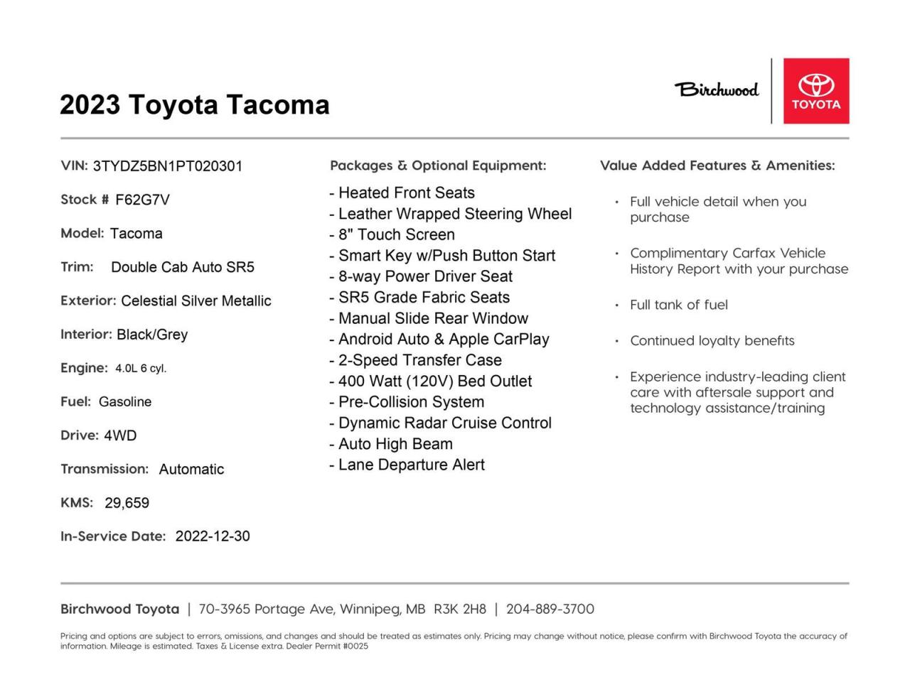 Used 2023 Toyota Tacoma 4x4 Double Cab Auto SR5 | CPO | Heated Seats for sale in Winnipeg, MB