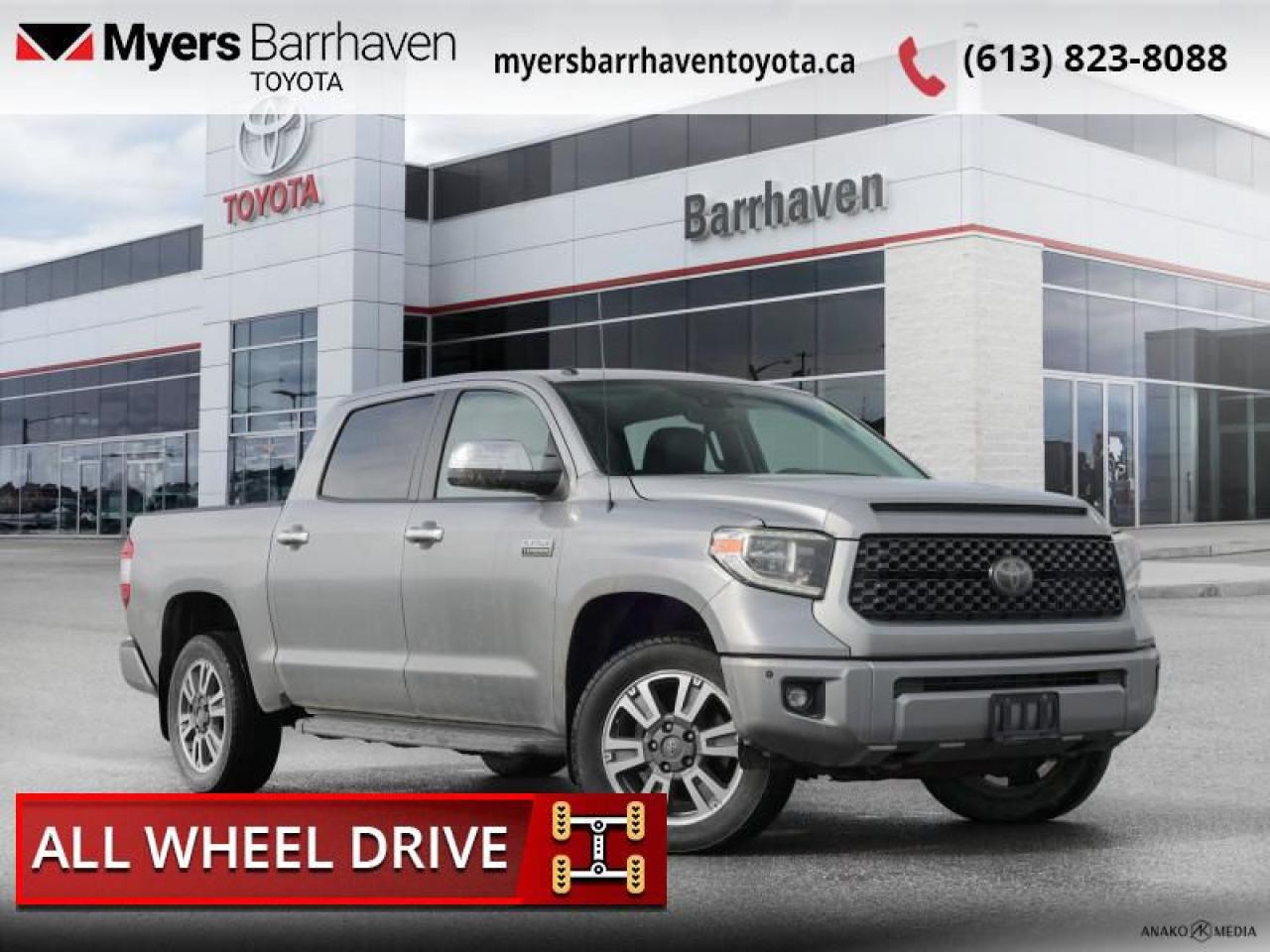 <b>Navigation,  Sunroof,  Leather Seats,  Memory Seats,  Heated Seats!</b><br> <br>  Compare at $41286 - Our Live Market Price is just $39698! <br> <br>   The stylish and capable 2018 Toyota Tundra provides plenty of comfort and safety for its passengers at all times. This  2018 Toyota Tundra is fresh on our lot in Ottawa. <br> <br>A quality pickup truck that is built to serve and last. The numerous cabin and bed model variations of the 2018 Toyota Tundra are meant to fill any type of need one might have with a pickup truck. With an enormous towing capacity, the Tundra keeps proving itself to be one of the best trucks on the market. Comfort will never be a problem thanks to the 2 or 4 door variations. The 2018 Toyota Tundra is safe, capable and has more than enough technologically advanced options, making it a truck that can be relied on in any instance.This  Crew Cab 4X4 pickup  has 160,245 kms. Its  silver in colour  . It has an automatic transmission and is powered by a  381HP 5.7L 8 Cylinder Engine.  <br> <br> Our Tundras trim level is Platinum. The top of the range 4x4 Crewmax 2018 Toyota Tundra is the perfect luxury work truck with outstanding reliability and quality. Options include class 4 towing harness, tow hitch, brake controller, trailer sway control, 1180 pounds towing payload, upgraded aluminum wheels, heavy duty suspension, slide and tilt power sunroof with sunshade, power rear window with defroster, power heated side mirrors with auto dimming and turn signal indicators, exterior chrome accessories package, power front and rear windows, front fog lamps, cargo lamp, high mount stop light, premium JBL 12 speaker stereo mated to a 7 inch display, Sirius XM satellite radio, premium navigation with voice recognition, real time traffic display, voice recognition technology, Bluetooth capability, USB input, Entune selective service internet access, Homelink garage door transmitter, systems monitor, front power heated/ventilated bucket seats with memory, leather seats front and rear, remote keyless entry, multiple floor and overhead storage compartments, metal look interior accents, distance pacing cruise control, front and rear cup holders, dual zone front automatic air conditioning, lane departure alert, forward collision warning, front and rear parking sensors, blind spot sensor, pre-collision system, rear cross traffic alert, rear collision warning and more. This vehicle has been upgraded with the following features: Navigation,  Sunroof,  Leather Seats,  Memory Seats,  Heated Seats,  Bluetooth,  Blind Spot Detection. <br> <br>To apply right now for financing use this link : <a href=https://www.myersbarrhaventoyota.ca/quick-approval/ target=_blank>https://www.myersbarrhaventoyota.ca/quick-approval/</a><br><br> <br/><br>At Myers Barrhaven Toyota we pride ourselves in offering highly desirable pre-owned vehicles. We truly hand pick all our vehicles to offer only the best vehicles to our customers. No two used cars are alike, this is why we have our trained Toyota technicians highly scrutinize all our trade ins and purchases to ensure we can put the Myers seal of approval. Every year we evaluate 1000s of vehicles and only 10-15% meet the Myers Barrhaven Toyota standards. At the end of the day we have mutual interest in selling only the best as we back all our pre-owned vehicles with the Myers *LIFETIME ENGINE TRANSMISSION warranty. Thats right *LIFETIME ENGINE TRANSMISSION warranty, were in this together! If we dont have what youre looking for not to worry, our experienced buyer can help you find the car of your dreams! Ever heard of getting top dollar for your trade but not really sure if you were? Here we leave nothing to chance, every trade-in we appraise goes up onto a live online auction and we get buyers coast to coast and in the USA trying to bid for your trade. This means we simultaneously expose your car to 1000s of buyers to get you top trade in value. <br>We service all makes and models in our new state of the art facility where you can enjoy the convenience of our onsite restaurant, service loaners, shuttle van, free Wi-Fi, Enterprise Rent-A-Car, on-site tire storage and complementary drink. Come see why many Toyota owners are making the switch to Myers Barrhaven Toyota. <br>*LIFETIME ENGINE TRANSMISSION WARRANTY NOT AVAILABLE ON VEHICLES WITH KMS EXCEEDING 140,000KM, VEHICLES 8 YEARS & OLDER, OR HIGHLINE BRAND VEHICLE(eg. BMW, INFINITI. CADILLAC, LEXUS...) o~o