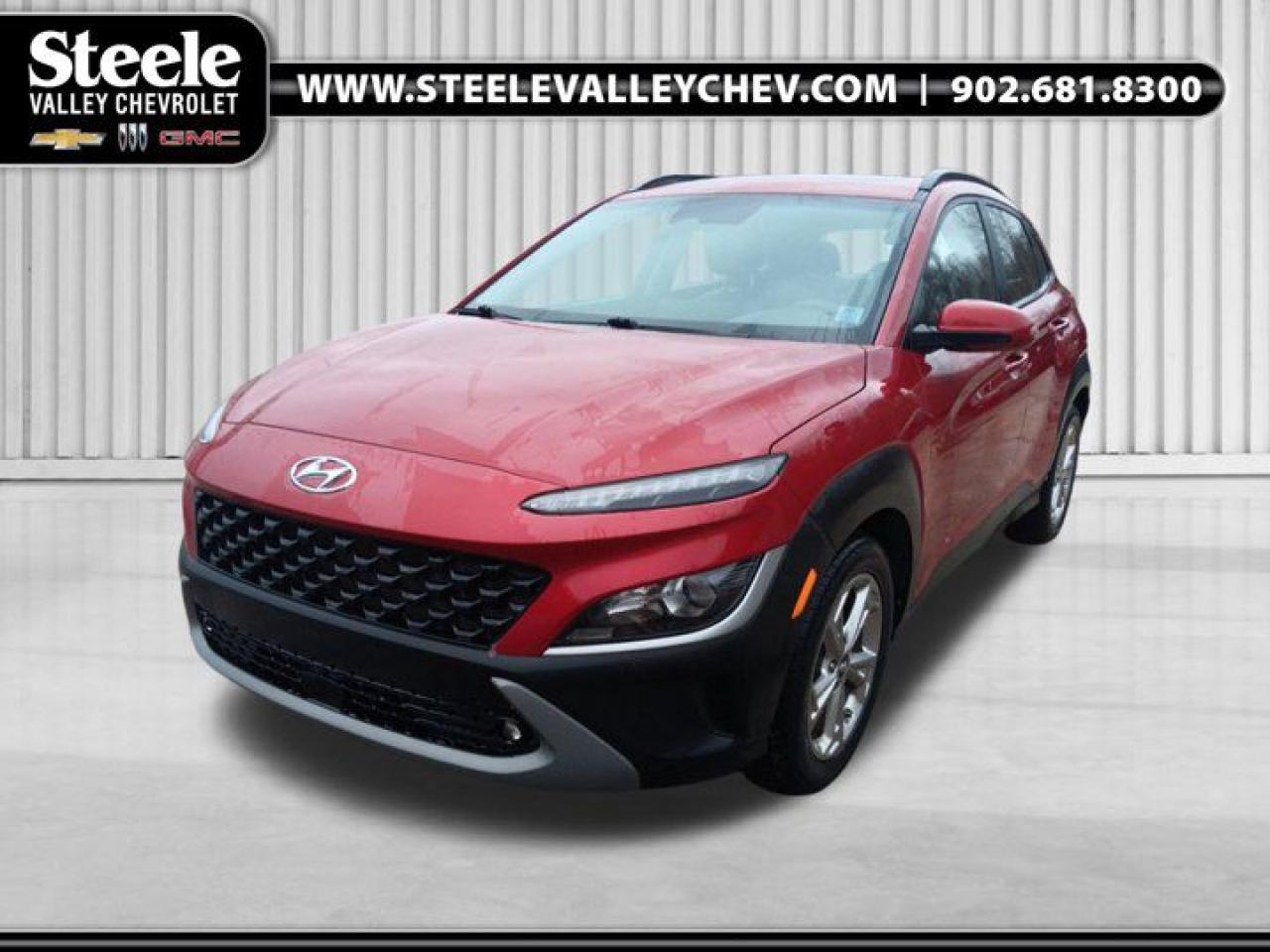 Looking for a stylish, fuel-efficient, and fun-to-drive SUV? This 2022 Hyundai Kona 2.0L Preferred with just 44,954 km is packed with features to make every drive exciting! Powered by a reliable 2.0L engine with a smooth automatic transmission, this compact crossover delivers impressive fuel efficiency and performance. Its All-Wheel Drive (AWD) system ensures confidence in any road condition, while heated front seats and a heated steering wheel keep you cozy in the winter. Stay connected with Apple CarPlay and Android Auto, and drive with peace of mind thanks to Blind Spot Monitoring and Rear Cross-Traffic Alert. Convenience is key with keyless entry and push-button start, and its sleek, sporty design guarantees youll turn heads wherever you go. Hyundais legendary reliability and advanced safety features make this Kona perfect for city commuting, weekend road trips, or tackling winter roads with ease. Dont miss outcall or visit us today for a test drive and drive away in your Kona!At Steele Valley Chevrolet Buick GMC, we go the extra mile to ensure you drive away with confidence. Every used vehicle on our lot undergoes a rigorous reconditioning process and comes with a detailed vehicle history report, giving you full transparency and peace of mind. We believe everyone deserves a reliable vehicle, which is why we offer flexible financing solutions tailored to fit any budget or credit situation. When you shop with us, youre choosing quality, trust, and a seamless car-buying experience. Find your next vehicle today at Steele Valley Chevrolet Buick GMC you deserve the best!