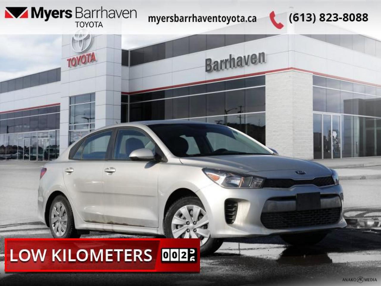 <b>Low Mileage!</b><br> <br>  Compare at $17574 - Our Live Market Price is just $16898! <br> <br>   Sleek style and supreme comfort make the 2018 Kia Rio a car you just HAVE to test drive. This  2018 Kia Rio is fresh on our lot in Ottawa. <br> <br>From its newly sculpted, aerodynamic shape to its distinctive front grille, the 2018 Rio is sure to draw looks. Inspired by European design, Kia updated both the front and rear to be even sleeker providing a more aggressive exterior design. The Rios bold, dynamic styling starts at the exterior and continues into the cabin. Loaded with driver-focused amenities and plenty of headroom and legroom for all passengers. Its the small car that is big on comfort! This low mileage  sedan has just 46,701 kms. Its  silver in colour  and is completely accident free based on the <a href=https://vhr.carfax.ca/?id=2JhDgHsGgCQ4SDl2hN20I23oK0Jfyo7X target=_blank>CARFAX Report</a> . It has an automatic transmission and is powered by a  smooth engine.  It may have some remaining factory warranty, please check with dealer for details. <br> <br> Our Rios trim level is LX+. The 2018 Rio LX+ offers incredible value and is a major upgrade over the LX model. It includes features like air conditioning, heated front seats and heated steering wheel with cruise control. It also comes with a leather-wrapped steering wheel, a 5 inch LCD for audio display and your rearview camera, Bluetooth hands-free calling and remote keyless entry plus much more.<br> <br>To apply right now for financing use this link : <a href=https://www.myersbarrhaventoyota.ca/quick-approval/ target=_blank>https://www.myersbarrhaventoyota.ca/quick-approval/</a><br><br> <br/><br> Buy this vehicle now for the lowest bi-weekly payment of <b>$140.33</b> with $0 down for 72 months @ 8.99% APR O.A.C. ( Plus applicable taxes -  Plus applicable fees   ).  See dealer for details. <br> <br>At Myers Barrhaven Toyota we pride ourselves in offering highly desirable pre-owned vehicles. We truly hand pick all our vehicles to offer only the best vehicles to our customers. No two used cars are alike, this is why we have our trained Toyota technicians highly scrutinize all our trade ins and purchases to ensure we can put the Myers seal of approval. Every year we evaluate 1000s of vehicles and only 10-15% meet the Myers Barrhaven Toyota standards. At the end of the day we have mutual interest in selling only the best as we back all our pre-owned vehicles with the Myers *LIFETIME ENGINE TRANSMISSION warranty. Thats right *LIFETIME ENGINE TRANSMISSION warranty, were in this together! If we dont have what youre looking for not to worry, our experienced buyer can help you find the car of your dreams! Ever heard of getting top dollar for your trade but not really sure if you were? Here we leave nothing to chance, every trade-in we appraise goes up onto a live online auction and we get buyers coast to coast and in the USA trying to bid for your trade. This means we simultaneously expose your car to 1000s of buyers to get you top trade in value. <br>We service all makes and models in our new state of the art facility where you can enjoy the convenience of our onsite restaurant, service loaners, shuttle van, free Wi-Fi, Enterprise Rent-A-Car, on-site tire storage and complementary drink. Come see why many Toyota owners are making the switch to Myers Barrhaven Toyota. <br>*LIFETIME ENGINE TRANSMISSION WARRANTY NOT AVAILABLE ON VEHICLES WITH KMS EXCEEDING 140,000KM, VEHICLES 8 YEARS & OLDER, OR HIGHLINE BRAND VEHICLE(eg. BMW, INFINITI. CADILLAC, LEXUS...) o~o