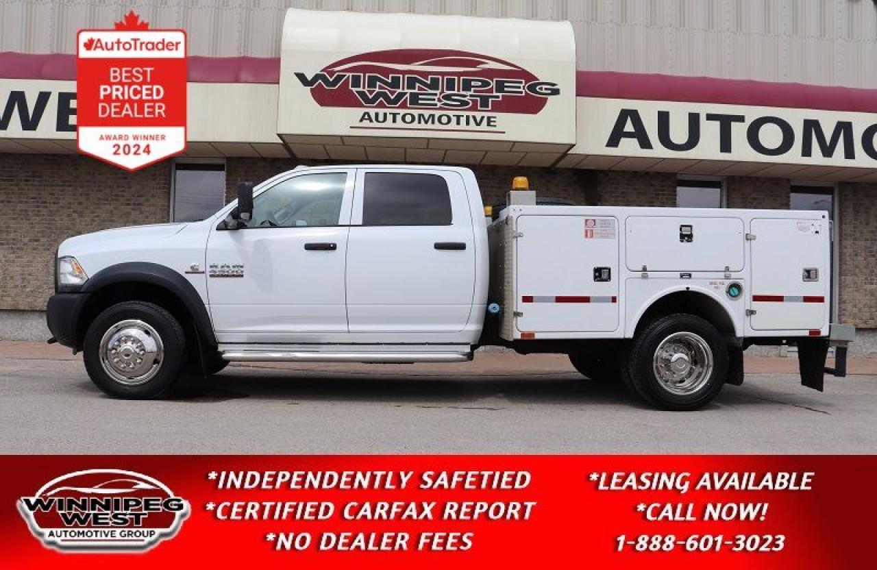 **Cash Price: $49,800.  PLUS PST & GST. NO ADMINISTRATION FEES!!  LOW-INTEREST RATE LEASING AVAILABLE OAC!    

VERY HARD TO FIND & SHOWS LIKE NEW WITH LOW KMS AND LOW HRS OF LIGHT DUTY USE,  2015 RAM HEAVY DUTY 4500 CREW CAB 6.7L CUMMINS DIESEL 4X4 DUALLY WITH THE HEAVY DUTY ASISIN TRANSMISSION AND IT IS FULLY EQUIPPED TO WORK WITH A HIGH END BRAND FX SERVICE BODY . SHOWS AS NEW & WORK READY! SAVE BIG $$s FROM THE NEW PRICE TO BUILD OF OVER $120,000!!

- 6.7L H.O. CUMMINS Diesel producing 385 hp & 865 lb-ft TQ
- 2 stage auto 4x4 
- 6 Speed Aisin Heavy duty automatic 
- Dual Rear Wheels
- Full Crew Cab
- Premium Stereo
- Convenience Package
- Remote entry 
- Easy clean flooring 
- HD Titan Stainless steel work shelving/carnets in 2nd row seating
- HD tow package with exhaust brake, factory brake controller and tow mirrors
- Multiple Auxiliary switches 
- Cab Clearance lights and beacons on Service Body
- HD Side Steps
- Very High End Light Weight Brand FX Everlast Service Truck Body with roller drawers (Over $25,000 to replace)
- 19.5"  Chrome Pacific Dually wheels on Strong HD tires
- Read below for more info... 

READY TO PUT TO WORK. STILL AS NEW IN ALL RESPECTS WITH LOW KMS, VERY LOW HRS OF LIGHT DUTY USE & AN EXTENSIVE SERVICE HISTORY.  2015 RAM HEAVY DUTY 4500 CREW CAB 6.7L CUMMINS DIESEL 4X4 DUALLY WITH THE HEAVY DUTY ASISIN TRANSMISSION AND IT IS FULLY EQUIPPED TO WORK WITH A HIGH END BRAND FX SERVICE BODY . SHOWS AS NEW & WORK READY! SAVE BIG $$s FROM THE NEW PRICE TO BUILD OF OVER $120,000!! 

Comes with a Manitoba Safety Certification and a  Certified 1-OWNER Saskatchewan CARFAX history report with a tremendous service history. New cost of Well Over $120,000 to replace today with Service Body and the custom extras ON SALE NOW (HUGE VALUE!!!) LOW-INTEREST RATE LEASING AVAILABLE OAC!  . Please see dealer for details. View at Winnipeg West Automotive Group, 5195 Portage Ave. Dealer permit # 4365, Call now 1 (888) 601-3023.