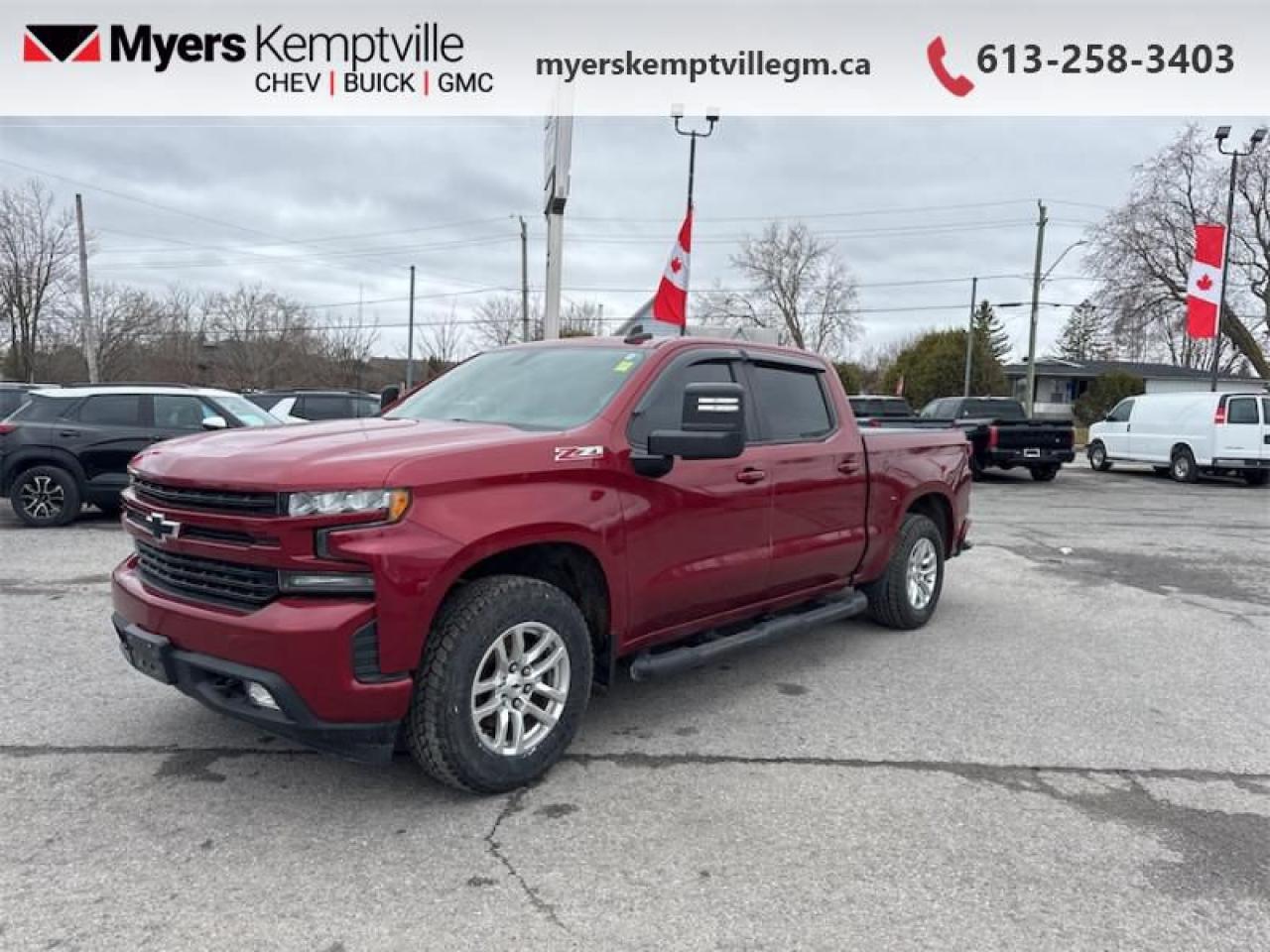 <b>Remote Start,  Aluminum Wheels,  Apple CarPlay,  Android Auto,  LED Lights!</b><br> <br>     This  2020 Chevrolet Silverado 1500 is for sale today. <br> <br>The Chevy Silverado 1500 is functional and ergonomic, suited for the work-site and or family life. Bold styling throughout gives it amazing curb appeal and a dominating stance on the road, while the its smartly designed interior keeps every passenger in superb comfort and connectivity on any trip. With brawn, brains and reliability, this pickup was built by truck people, for truck people, and comes from the family of the most dependable, longest-lasting full-size pickups on the road. This  Crew Cab 4X4 pickup  has 145,000 kms. Its  red in colour  and is completely accident free based on the <a href=https://vhr.carfax.ca/?id=9VcZn4dRL9EDN/UCJMmGlEUsyJcz4M0m target=_blank>CARFAX Report</a> . It has an automatic transmission and is powered by a  355HP 5.3L 8 Cylinder Engine. <br> <br> Our Silverado 1500s trim level is RST. Upgrading to this Silverado 1500 RST is a great choice as it comes loaded with features like stylish aluminum wheels, a larger 8 inch touchscreen, Apple CarPlay and Android Auto, Chevrolet MyLink, bluetooth streaming audio, remote engine start and keyless entry plus an EZ-Lift tailgate. Additional features also include signature LED lights, body coloured bumpers and trim, cruise control, steering wheel audio controls, LED cargo lights, a rear vision camera, teen driver technology, LED fog lights and 4G LTE hotspot capability. This vehicle has been upgraded with the following features: Remote Start,  Aluminum Wheels,  Apple Carplay,  Android Auto,  Led Lights,  Touch Screen,  Ez-lift Tailgate. <br> <br>To apply right now for financing use this link : <a href=https://www.myerskemptvillegm.ca/finance/ target=_blank>https://www.myerskemptvillegm.ca/finance/</a><br><br> <br/><br> Buy this vehicle now for the lowest bi-weekly payment of <b>$313.53</b> with $0 down for 84 months @ 9.99% APR O.A.C. ( Plus applicable taxes -  Plus applicable fees   ).  See dealer for details. <br> <br>Myers deals with almost every major lender and can offer the most competitive financing options available. All of our premium used vehicles are fully detailed, subjected to a minimum 150 point inspection and are fully backed by the dealership and General Motors. <br><br>For more details on our Myers Exclusive Engine Transmission for life coverage, follow this link: <a href=https://www.myerskanatagm.ca/myers-engine-transmission-for-life/>Life Time Coverage</a>*LIFETIME ENGINE TRANSMISSION WARRANTY NOT AVAILABLE ON VEHICLES WITH KMS EXCEEDING 140,000KM, VEHICLES 8 YEARS & OLDER, OR HIGHLINE BRAND VEHICLE(eg. BMW, INFINITI. CADILLAC, LEXUS...) o~o