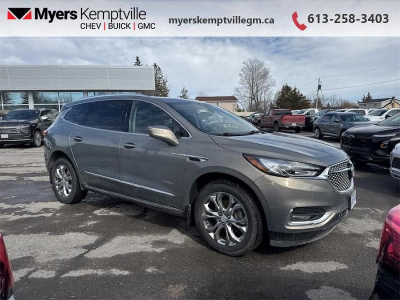 <b>Unique Avenir Package,  Navigation,  Sunroof,  Cooled Seats,  Leather Seats!</b><br> <br>     This  2019 Buick Enclave is for sale today. <br> <br>This 2019 Buick Enclave is a full-size crossover SUV with ample space for passengers and cargo and plenty of luxury appointments. It offers three rows of seating and an exceptionally quiet ride for an SUV plus the bonus of a family-friendly price. If youre looking for an alternative to expensive luxury SUVs from the import brands, check out the Buick Enclave. This  SUV has 98,650 kms. Its  nice in colour  . It has an automatic transmission and is powered by a   3.6L V6 Cylinder Engine. <br> <br> Our Enclaves trim level is Avenir. This Avenir Enclave adds all the best features for a modern luxury vehicle like navigation, sunroof, wireless charging, unique exterior styling and badging, unique two tone interior color with stitching and piping, Avenir embroidered interior accents, wood accented steering wheel, and 360 degree camera. This SUV has is also equipped with vibrating safety alert seat, lane keep assist, front and rear parking assistance, front pedestrian braking, low speed automatic forward braking, forward collision alert, following distance indicator, IntelliBeam high beam assist, blind spot monitoring with lane change alert, an 8 inch touchscreen, Apple CarPlay and Android Auto, Siri Eyes Free and voice recognition, SiriusXM, Bluetooth, a Bose premium sound system, hands free power programmable liftgate, power folding side mirrors, heated power side mirrors with turn signals, and LED lighting. This vehicle has been upgraded with the following features: Unique Avenir Package,  Navigation,  Sunroof,  Cooled Seats,  Leather Seats,  Heated Seats,  Hands Free Liftgate. <br> <br>To apply right now for financing use this link : <a href=https://www.myerskemptvillegm.ca/finance/ target=_blank>https://www.myerskemptvillegm.ca/finance/</a><br><br> <br/><br>Myers deals with almost every major lender and can offer the most competitive financing options available. All of our premium used vehicles are fully detailed, subjected to a minimum 150 point inspection and are fully backed by the dealership and General Motors. <br><br>For more details on our Myers Exclusive Engine Transmission for life coverage, follow this link: <a href=https://www.myerskanatagm.ca/myers-engine-transmission-for-life/>Life Time Coverage</a>*LIFETIME ENGINE TRANSMISSION WARRANTY NOT AVAILABLE ON VEHICLES WITH KMS EXCEEDING 140,000KM, VEHICLES 8 YEARS & OLDER, OR HIGHLINE BRAND VEHICLE(eg. BMW, INFINITI. CADILLAC, LEXUS...) o~o