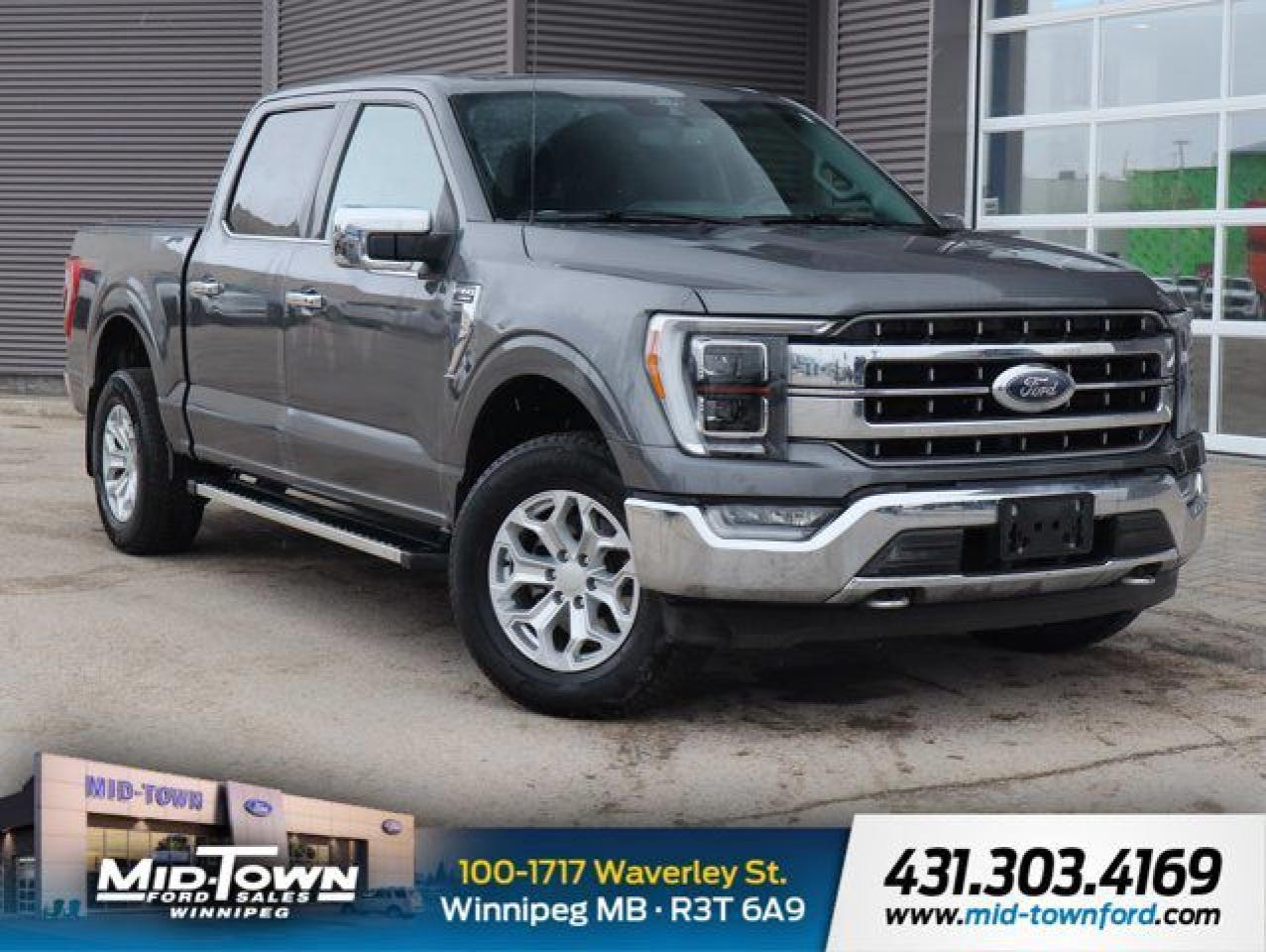 Recent Arrival!<br /><br />| One Owner, | Local Trade, | Clean Carfax, | Non Smoker, | Apple Carplay, | Android Auto, 4WD, 4-Wheel Disc Brakes, 4x4 FX4 Off-Road Decal, 6 Chrome Running Board, 8 Speakers, ABS brakes, Adjustable pedals, Air Conditioning, Alloy wheels, AM/FM radio: SiriusXM with 360L, Auto High-beam Headlights, Auto-dimming door mirrors, Auto-dimming Rear-View mirror, Automatic temperature control, Block heater, Brake assist, Bumpers: chrome, Chrome 2-Bar & 1 Minor Bar Style Grille, Chrome Door Handles w/Body-Colour Bezel, Chrome Single-Tip Exhaust, Chrome Skull Caps on Exterior Mirrors, Class IV Trailer Hitch Receiver, Compass, Connected Built-In Navigation, Delay-off headlights, Driver door bin, Driver vanity mirror, Dual front impact airbags, Dual front side impact airbags, Electronic Locking w/3.73 Axle Ratio, Electronic Stability Control, Emergency communication system: SYNC 4 911 Assist, Equipment Group 502A High, Evasive Steering Assist, Exterior Parking Camera Rear, Ford Co-Pilot360 Assist 2.0, Front anti-roll bar, Front Bucket Seats, Front dual zone A/C, Front fog lights, Front reading lights, Front wheel independent suspension, Fully automatic headlights, FX4 Off-Road Package, Garage door transmitter, Glare Free Lighting, GVWR: 3,198 kg (7,050 lb) Payload Package, Heated door mirrors, Heated front seats, Heated Rear Seats, Heated Steering Wheel, Hill Descent Control, Illuminated entry, Intelligent Adaptive Cruise Control w/Stop & Go, Intersection Assist, Lariat Chrome Appearance Package, Leather-Trimmed Bucket Seats, LED Projector w/Dynamic Bending Headlamps, Low tire pressure warning, Memory seat, Monotube Rear Shocks, Navigation System, Navigation system: Connected Navigation (3-year trial), Occupant sensing airbag, Off-Road Tuned Front Shock Absorbers, Outside temperature display, Overhead airbag, Overhead console, Panic alarm, Passenger door bin, Passenger vanity mirror, Pedal memory, Power door mirrors, Power driver seat, Power passenger seat, Power steering, Power Tailgate, Power Tilt/Telescoping Steering Column w/Memory, Power windows, Pro Trailer Backup Assist, Radio data system, Radio: B&O Sound System by Bang & Olufsen, Rain Sensing Wipers, Rain-Sensing Wipers, Rear reading lights, Rear step bumper, Rear window defroster, Remote keyless entry, Rock Crawl Mode, Security system, Speed control, Speed Sign Recognition, Speed-sensing steering, Split folding rear seat, Steering wheel mounted audio controls, SYNC 4 w/Enhanced Voice Recognition, Tachometer, Telescoping steering wheel, Tilt steering wheel, Traction control, Trip computer, Turn signal indicator mirrors, Twin Panel Moonroof, Variably intermittent wipers, Ventilated front seats, Voltmeter, Wheels: 18 Chrome-Like PVD.<br /><br />Carbonized Gray Metallic 2021 Ford F-150 Lariat LOCAL TRADE, LOADED TRUCK! 5.0L ENGINE 4WD 5.0L V8 10-Speed Automatic<br /><br /><br />For further information please contact MidTown Ford sales department directly at 204-284-7650. Dealer #9695.