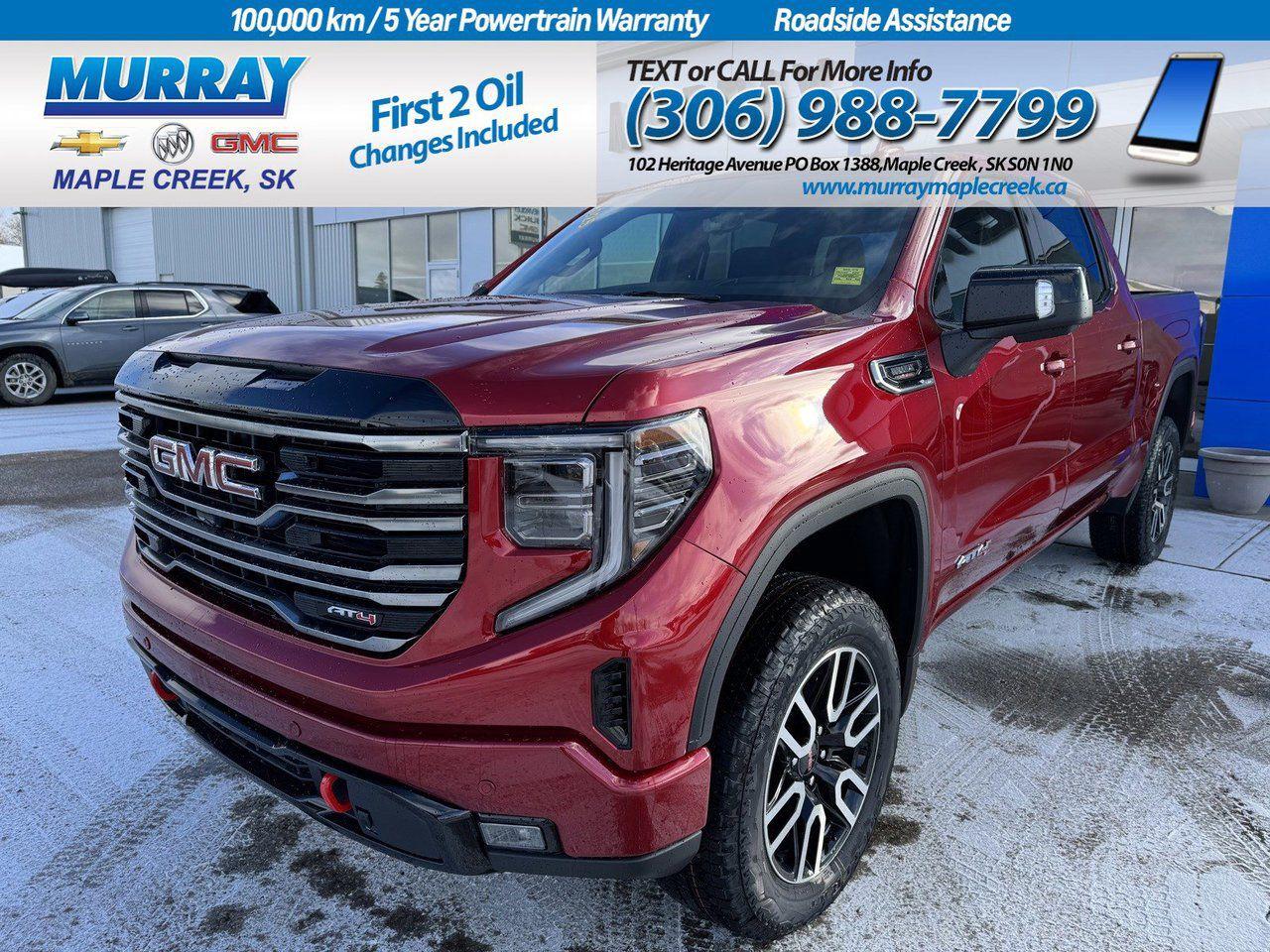 Step inside our Diesel powered trail machine 2025 GMC Sierra 1500 AT4 Crew Cab 4X4 that pushes through extreme challenges in Volcanic Red Tintcoat! Motivated by a TurboCharged 3.0 Litre DuraMax Diesel 6 Cylinder serving up 305hp and 495lb-ft of torque to a 10 Speed Automatic transmission. A 2-inch lift, a 2-speed transfer case, and an auto-locking rear differential help dominate difficult terrain, and this Four Wheel Drive truck scores approximately 8.7L/100km on the highway. Our Sierra has off-road style, too, with LED lighting, red recovery hooks, a spray-on bedliner, a MultiPro tailgate, robust skid plates, perimeter lighting, a power sunroof, and alloy wheels. Settle into our AT4 cabin that is engineered for comfort and has heated/ventilated leather power front and heated rear seats, a heated-wrapped power steering wheel, dual-zone automatic climate control, remote start, and keyless open/ignition. Take modern technology along for the ride with a 13.4-inch touchscreen, a 12.3-inch driver display, Google Built-In, wireless charging, WiFi compatibility, wireless Android Auto/Apple CarPlay, Bluetooth, and Bose audio. Drive confidently, knowing GMCs smart safety systems include adaptive cruise control, front/rear automatic braking, HD surround vision, hill descent control, trailer blind-spot monitoring, lane-keeping assistance, trailer-sway control, and more. Crafted to exceed expectations, our Sierra 1500 AT4 is an excellent choice! Save this Page and Call for Availability. We Know You Will Enjoy Your Test Drive Towards Ownership!