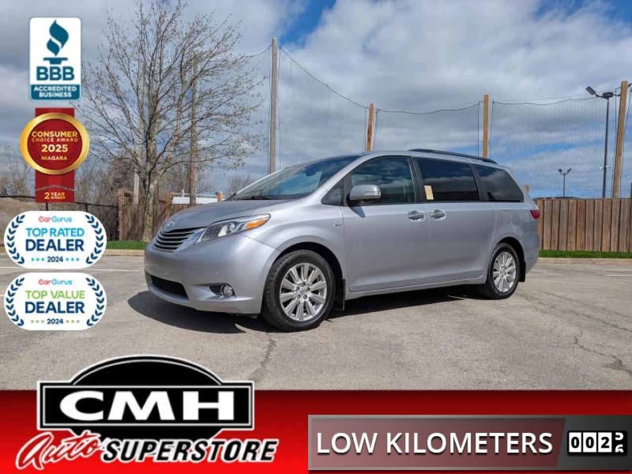 <b>LOW MILEAGE !! AWD !! NAVIGATION, REAR CAMERA, PARK SENSORS, BLIND SPOT, BLUETOOTH, REAR ENTERTAINMENT SYSTEM, DUAL SUNROOF, LEATHER, POWER SEATS W/ DRIVER MEMORY, HEATED SEATS, HEATED STEERING WHEEL, POWER SLIDERS, POWER LIFTGATE, JBL SOUND SYSTEM</b><br>  <br>CMH certifies that all vehicles meet DOUBLE the Ministry standards for Brakes and Tires<br><br> <br>    This  2017 Toyota Sienna is for sale today. <br> <br>The 2017 Toyota Sienna does just about everything a family MPV needs it to do. It provides a spacious interior, with seating for everyone and is complemented by a very stylish exterior. The 2017 Siennas interior is modern, spacious and filled with comfort and convenience, with the second row passengers getting as much legroom and headroom as the driver or front passenger. With excellent fuel economy and plenty of space for all passengers and their cargo, the right choice seems to be obvious.This  van has 103,258 kms. Its  silver in colour  . It has an automatic transmission and is powered by a  296HP 3.5L V6 Cylinder Engine. <br> <br> Our Siennas trim level is Limited FWD 7-Passenger. Upgrade to this Sienna Limited for a luxurious experience for the whole family. It comes with navigation, Bluetooth, SiriusXM, JBL Synthesis premium audio, dual-screen Blu-Ray rear entertainment system with wireless headphones, memory drivers seat and mirrors, a rearview camera, blind spot assist, front and rear parking sensors, power sliding doors, a power liftgate, a power sunroof, automatic HID headlights, and more. This vehicle has been upgraded with the following features: Navigation,  Leather Seats,  Sunroof,  Premium Sound Package,  Power Tailgate,  Heated Seats,  Rear Blu-ray Entertainment. <br> <br>To apply right now for financing use this link : <a href=https://www.cmhniagara.com/financing/ target=_blank>https://www.cmhniagara.com/financing/</a><br><br> <br/><br>Trade-ins are welcome! Financing available OAC ! Price INCLUDES a valid safety certificate! Price INCLUDES a 60-day limited warranty on all vehicles except classic or vintage cars. CMH is a Full Disclosure dealer with no hidden fees. We are a family-owned and operated business for over 30 years! o~o