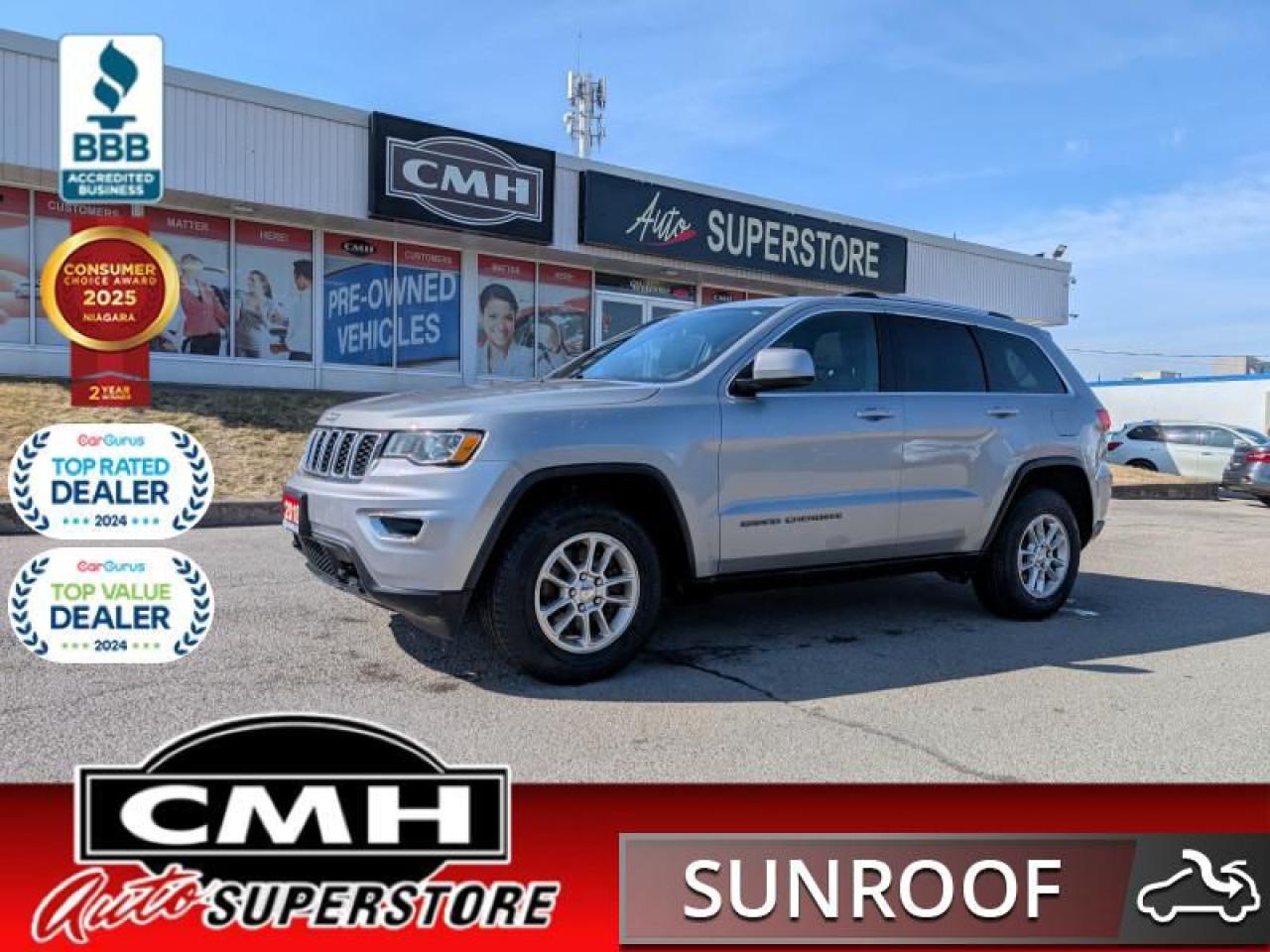 <b>28 SERVICE RECORDS !! V6 4X4 !! REAR CAMERA, PARK SENSORS, APPLE CARPLAY, STEERING WHEEL CONTROLS, CRUISE CONTROL, SUNROOF, POWER DRIVER SEAT, HEATED SEATS, HEATED STEERING WHEEL, DUAL CLIMATE CONTROL, REMOTE START, POWER LIFTGATE, 17-INCH ALLOYS</b><br>  <br>CMH certifies that all vehicles meet DOUBLE the Ministry standards for Brakes and Tires<br><br> <br>    This  2018 Jeep Grand Cherokee is for sale today. <br> <br>The Jeep Grand Cherokee is the most awarded SUV ever for good reasons. With numerous best-in-class features and class-exclusive amenities, the Grand Cherokee offers drivers more than the competition. On the outside, it showcases the rugged capability to go off the beaten path while the interior offers technology and comfort beyond what youd expect in an SUV at this price point. The Jeep Grand Cherokee is second to none when it comes to performance, safety, and style. This  SUV has 126,950 kms. Its  silver in colour  . It has an automatic transmission and is powered by a  293HP 3.6L V6 Cylinder Engine. <br> <br> Our Grand Cherokees trim level is Laredo. This Grand Cherokee Laredo is an incredible value. This capable SUV comes standard with four-wheel drive, a rearview camera with Park-Sense park assist, Uconnect 4 with Bluetooth and SiriusXM, a USB port, 6-speaker audio, dual-zone automatic climate control, premium cloth seats, aluminum wheels, automatic headlights, power heated mirrors, LED taillights, fog lights, and more. This vehicle has been upgraded with the following features: Aluminum Wheels,  Park-sense,  Bluetooth,  Rear View Camera,  Siriusxm,  Fog Lights. <br> To view the original window sticker for this vehicle view this <a href=http://www.chrysler.com/hostd/windowsticker/getWindowStickerPdf.do?vin=1C4RJFAG4JC373660 target=_blank>http://www.chrysler.com/hostd/windowsticker/getWindowStickerPdf.do?vin=1C4RJFAG4JC373660</a>. <br/><br> <br>To apply right now for financing use this link : <a href=https://www.cmhniagara.com/financing/ target=_blank>https://www.cmhniagara.com/financing/</a><br><br> <br/><br>Trade-ins are welcome! Financing available OAC ! Price INCLUDES a valid safety certificate! Price INCLUDES a 60-day limited warranty on all vehicles except classic or vintage cars. CMH is a Full Disclosure dealer with no hidden fees. We are a family-owned and operated business for over 30 years! o~o