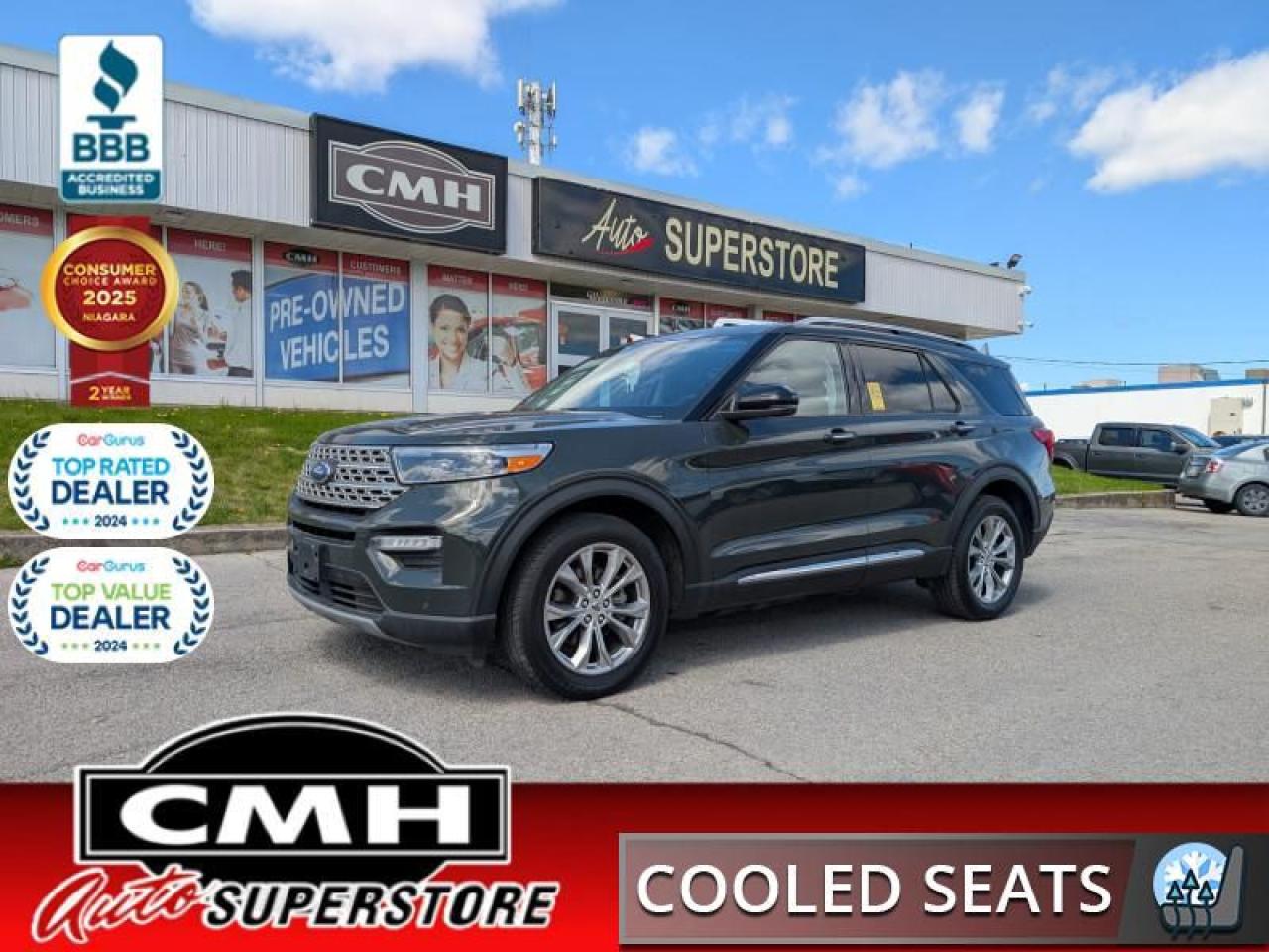 <b>LOADED AWD !! REAR CAMERA, ADAPTIVE CRUISE CONTROL, LANE ASSIST, BLIND SPOT, WIRELESS PHONE CHARGER, APPLE CARPLAY, ANDROID AUTO, PANORAMIC SUNROOF, LEATHER, POWER SEATS, COOLED/HEATED SEATS, REMOTE START, 6 PASSENGER **PREV. RENTAL**</b><br>  <br>CMH certifies that all vehicles meet DOUBLE the Ministry standards for Brakes and Tires<br><br> <br>    This  2022 Ford Explorer is for sale today. <br> <br>This Ford Explorer is the ultimate exploration vehicle with plenty of style and space for all of your passengers and cargo. It has the hauling capabilities of a midsize SUV combined with strong off-road capabilities. Whether your next family adventure is to the grocery store or over a high mountain pass, the Ford Explorer was built to get you there with ease.This  SUV has 108,975 kms. Its  gray in colour  and is major accident free based on the <a href=https://vhr.carfax.ca/?id=IjZ2mk3xn99hHI/Va2CJwjN27gNyI9FQ target=_blank>CARFAX Report</a> . It has an automatic transmission and is powered by a  300HP 2.3L 4 Cylinder Engine. <br> <br> Our Explorers trim level is Limited. Add a touch of luxury with this premium Ford Explorer Limited as it comes with a large color touchscreen featuring navigation, Apple CarPlay, Android Auto, SYNC 3, SiriusXM radio, and a premium Bang & Olufsen audio system. It also features unique aluminum wheels, LED lights with front fog lights, perforated leather heated and cooled seats, a power tailgate, heated steering wheel, split folding rear seats, a 360 degree camera with front and rear parking assist, distance pacing cruise control and Ford Co-Pilot360 featuring evasion assist, blind spot detection, cross traffic alert, lane keep assist and automated emergency braking, a proximity key, remote engine start, FordPass Connect 4G LTE WiFi plus so much more. This vehicle has been upgraded with the following features: Leather Seats,  Cooled Seats,  Power Tailgate,  Navigation,  Heated Seats,  Heated Steering Wheel,  Apple Carplay. <br> To view the original window sticker for this vehicle view this <a href=http://www.windowsticker.forddirect.com/windowsticker.pdf?vin=1FMSK8FH3NGA86090 target=_blank>http://www.windowsticker.forddirect.com/windowsticker.pdf?vin=1FMSK8FH3NGA86090</a>. <br/><br> <br>To apply right now for financing use this link : <a href=https://www.cmhniagara.com/financing/ target=_blank>https://www.cmhniagara.com/financing/</a><br><br> <br/><br>Trade-ins are welcome! Financing available OAC ! Price INCLUDES a valid safety certificate! Price INCLUDES a 60-day limited warranty on all vehicles except classic or vintage cars. CMH is a Full Disclosure dealer with no hidden fees. We are a family-owned and operated business for over 30 years! o~o