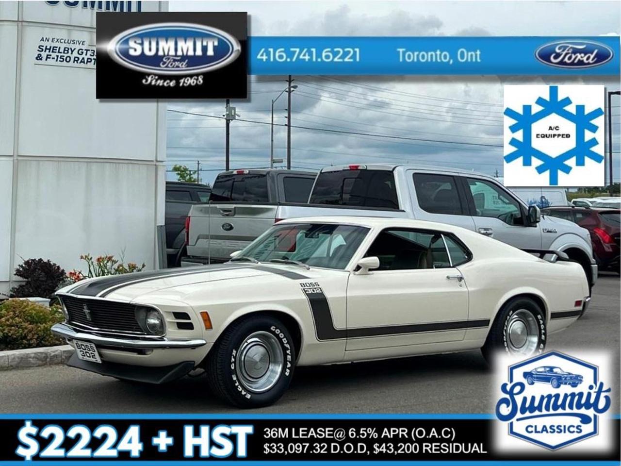 <p>Summit Ford and Summit Classics brings you one of the Boss's all time favourite cars, the 1970 Ford Boss 302 4V Mustang Fastback. By 1969 Fords&rsquo; relationship with Shelby was pretty much over. Ford took the best of Shelby and the best from their in-house track guys and came up the 69&rsquo; and 70&rsquo; Boss Mustang lineup to compete in the Can-Am Series. I don&rsquo;t believe for one second that these cars have reached anywhere near their potential. They were the best built Mustangs of the Era. By far the best handling that are fast and tight, with no squeaks or rattles and no overheating issues. These high revving 302&rsquo;s putting out an honest 290 HP are a blast to drive. This numbers matching 302 has had the motor rebuilt under previous ownership. This Boss comes with Power Steering and front disc brakes, Hurst 4 speed manual transmission, upgraded AM/FM stereo and newly installed modern air conditioning system that looks like the correct era. This is an original colour re-paint on an all original panel car from the southern US. There were only 2412 in this paint code and according to the supplied Elite Marti Report this is one of one built to these specs. Very rare indeed. This car comes DEALER CERTIFIED Priced to sell at $135,000 CDN or $103,900 USD. FOR MORE INFORMATION: CALL SCOTT 416-741-6221 or scottv@summitford.com. Note to US customers: We can arrange shipping anywhere in the US, broker across the border (approx. $250), no tax and no Duty. Fully insured. We are located 15 minutes from the Toronto International Airport.</p>

<p>The mileage shown on this vehicle is not guaranteed to be accurate. Due to the age of the vehicle and the limitations of historical record-keeping, Summit Ford Sales (1982) Ltd. has no way to verify the true mileage. The odometer reading should therefore be considered exempt, approximate, or for display purposes only.</p>

<p>By proceeding with the purchase, the buyer acknowledges and accepts that the actual mileage may differ from the odometer reading currently displayed.</p>