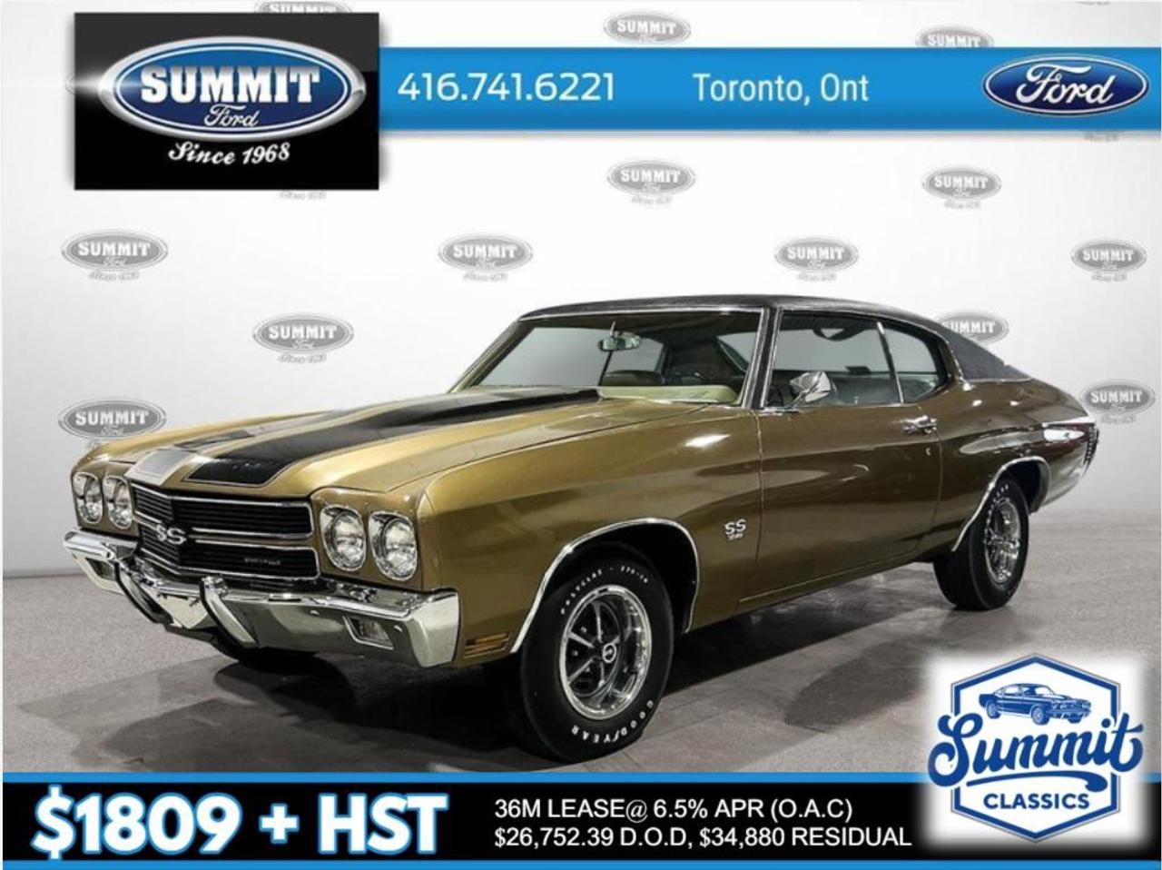 <p>Summit Classics brings you one of our all time favourites, the 1970 Chevrolet Chevelle SS 396 V8 Coupe with the M20 4 speed manual transmission & 12 bolt Posi trac with 3.31:1 gears. This Chevelle is a numbers matching L34 350 HP Big block that includes Power front disc brakes, Hurst shifter, Aluminum intake, Holly Carb, F41 special performance suspension and a Delco push button Am radio. Also included is the framed build sheet. Get the look of a 454 for half the price and still have more than enough giddy up that even John Wick would approve. This real Chevelle SS comes DEALER CERTIFIED and qualifies for our financing program. Be sure to check all the photos as it is as clean on the bottom as it is on top. Priced at $109,000 CDN or $83,000 USD FOR MORE INFORMATION: CALL SCOTT 416-741-6221 or scottv@summitford.com. Note to US customers: We can arrange shipping anywhere in the US, broker across the border (approx. $250), no tax and no Duty. Fully insured. We are located 15 minutes from the Toronto International Airport</p>

<p>The mileage shown on this vehicle is not guaranteed to be accurate. Due to the age of the vehicle and the limitations of historical record-keeping, Summit Ford Sales (1982) Ltd. has no way to verify the true mileage. The odometer reading should therefore be considered exempt, approximate, or for display purposes only.</p>

<p>By proceeding with the purchase, the buyer acknowledges and accepts that the actual mileage may differ from the odometer reading currently displayed.</p>