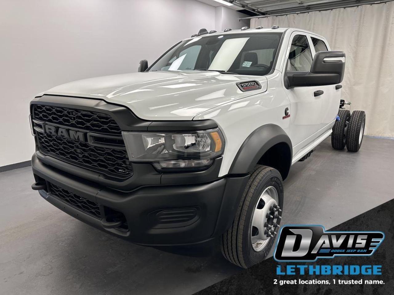 <b>Max Tow Pkg - AISIN HD Transmission - Vented & Heated Seats - LED Lights - Harman Kardon Sound <br /> <br /></b><br /> Outstanding towing and hauling along with cutting edge tech make this 2024 Ram Chassis Cab an easy choice. This 2024 Ram 5500HD Chassis Cab is for sale today in Lethbridge. <br /> <br />In a class of its own, this Ram chassis cab delivers exactly what you need: superior capability and exceptional levels of comfort, all backed with proven Ram reliability. Whether you're in the commercial sector or looking for serious recreational towing rig, this impressive Ram chassis cab earns its reputation thanks to its unstoppable power! This sought after diesel Crew Cab 4X4 pickup has 220 km. Stock number 36483 is Bright White in colour. It has an Automatic transmission and is powered by a Cummins 360HP 6.7L Straight 6 Cylinder Engine. <br /> <br /> Our 5500HD Chassis Cab's trim level is Laramie. This Ram 5500HD Laramie features trailer braking control, a power-adjustable driver's seat with lumbar support, remote engine start, front and rear park assist, chrome-clad steel wheels and front floor carpets, and comes standard with heavy duty suspension, towing equipment including trailer sway control and a wiring harness, front and rear anti-roll bars, upfitter switches for mounting additional equipment, and front tow hooks. Additional equipment include an infotainment screen with Uconnect 5, a 9-speaker Alpine audio system, air conditioning, polished aluminum wheels, a rear power sliding window, interior sound insulation, cruise control with steering mounted buttons, and even more. This vehicle has been upgraded with the following features: Diesel Engine, Max Tow Package, Full-Size Spare Tire.<br /> <br />To apply right now for financing use this link: <a href=https://www.bridgecitychrysler.com/pre-approval/ target=_blank rel=nofollow noopener noreferrer>https://www.bridgecitychrysler.com/pre-approval/</a><br /><br /> <br /><br />Locally Owned & Trusted for Over 35 Years  Bridge City Chrysler in Lethbridge, AB <br /><br /> At Bridge City Chrysler, weve proudly served the Lethbridge community for more than 35 years, offering an unparalleled car buying experience. Dont just take our word for itour Google reviews speak volumes about our commitment to exceptional service. <br /><br /> Delivery & At-Home Test Drives: Convenient options to suit your lifestyle. <br /><br /> Flexible Financing for Everyone: Get the vehicle you need with financing solutions tailored to your situation. <br /><br /> Full Mechanical Inspections & Professional Cleaning: Every vehicle is thoroughly inspected and cleaned before it hits our lot.<br /><br /> We take all makes and models on trade and offer competitive pricing with inventory that changes daily. Whether you're shopping for a Chrysler, Dodge, Jeep, RAM, or FIAT, our AMVIC Licensed dealership makes it easy to browse, buy, and drive away.<br /><br /> Located in Lethbridge, AB, we proudly serve customers in Fort Macleod, Taber, Claresholm, and Coaldale. Shop online or visit us today to experience the best in sales, service, and selection. Standard bank rates apply; taxes are additional.<br /><br /> Vehicle pricing offer shown expires 2026-01-31. <br /> Come by and check out our fleet of 80+ used cars and trucks and 130+ new cars and trucks for sale in Lethbridge. o~o