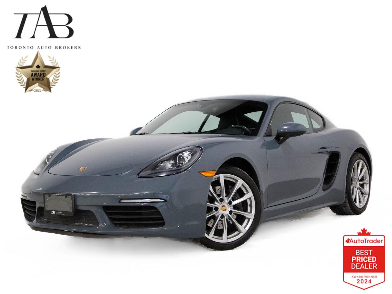 This beautiful 2018 Porsche 718 Cayman Coupe is a local Ontario vehicle that delivers a thrilling driving experience with its mid-mounted turbocharged engine and precision handling. Finished in a sleek Dark Grey, this sports car blends performance, luxury, and cutting-edge technology. With premium features like a panoramic roof, BOSE surround sound, and heated seats, every drive is a statement of sophistication and power.

Key Features Include:

Mid-Mounted Turbocharged Engine
Panoramic Roof
BOSE Premium Audio System
Heated Seats
HID/Xenon Headlights
LED Daytime Running Lights & LED Taillights
Porsche Connect Smart Device App Compatibility
Rearview Camera System
Front & Rear Parking Sensors
Rain-Sensing Wipers
Dual-Zone Climate Control
Leather-Wrapped Steering Wheel & Interior Accents
Power-Adjustable Reclining Seats
20-inch Alloy Wheels
Electronically Controlled Rear Spoiler

NOW OFFERING 3 MONTH DEFERRED FINANCING PAYMENTS ON APPROVED CREDIT. 

WE OFFER THE BEST FINANCE RATES, AND DONT CHARGE ANY FINANCING FEE 

Looking for a top-rated pre-owned luxury car dealership in the GTA? Look no further than Toronto Auto Brokers (TAB)! Were proud to have won multiple awards, including the 2024 AutoTrader Best Priced Dealer, the 2024 CarGurus Award, the 2025 Top Choice Award, the 2025 Canadian Choice Award, the 2024 Three Best Rated Dealer Award, and many more!

With 30 years of experience serving the Greater Toronto Area, TAB is a respected and trusted name in the pre-owned luxury car industry. Our 30,000 sq.Ft indoor showroom is home to a wide range of luxury vehicles from top brands like BMW, Mercedes-Benz, Audi, Porsche, Land Rover, Jaguar, Aston Martin, Bentley, Maserati, and more. And we dont just serve the GTA, were proud to offer our services to all cities in Canada, including Vancouver, Montreal, Calgary, Edmonton, Winnipeg, Saskatchewan, Halifax, and more.

At TAB, were committed to providing a no-pressure environment and honest work ethics. As a family-owned and operated business, we treat every customer like family and ensure that every interaction is a positive one. Come experience the TAB Lifestyle at its truest form, luxury car buying has never been more enjoyable and exciting!

We offer a variety of services to make your purchase experience as easy and stress-free as possible. From competitive and simple financing and leasing options to extended warranties, aftermarket services, and full history reports on every vehicle, we have everything you need to make an informed decision. We welcome every trade, even if youre just looking to sell your car without buying, and when it comes to financing or leasing, we offer same day approvals, with access to over 50 lenders, including all of the banks in Canada. Feel free to check out your own Equifax credit score without affecting your credit score, simply click on the Equifax tab above and see if you qualify.

So if youre looking for a luxury pre-owned car dealership in Toronto, look no further than TAB! We proudly serve the GTA, including Toronto, Etobicoke, Woodbridge, North York, York Region, Vaughan, Thornhill, Richmond Hill, Mississauga, Scarborough, Markham, Oshawa, Peteborough, Hamilton, Newmarket, Orangeville, Aurora, Brantford, Barrie, Kitchener, Niagara Falls, Oakville, Cambridge, Kitchener, Waterloo, Guelph, London, Windsor, Orillia, Pickering, Ajax, Whitby, Durham, Cobourg, Belleville, Kingston, Ottawa, Montreal, Vancouver, Winnipeg, Calgary, Edmonton, Regina, Halifax, and more.

Call us today or visit our website to learn more about our inventory and services. And remember, all prices exclude applicable taxes and licensing, and vehicles can be certified at an additional cost of $799.


Awards:
  * ALG Canada Residual Value Awards   * autoTRADER Top Picks Top Sports Car Over $50,000