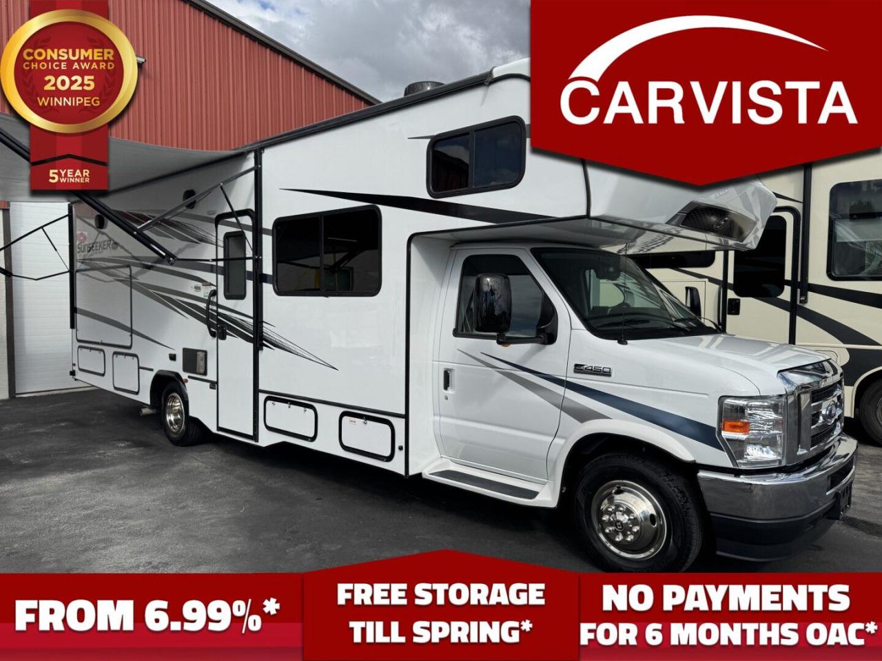 FREE WINTER STORAGE FOR 2024/SPRING 2025 ON UNITS PURCHASED!* See dealer for details. No Payments for up to 6 months. Low interest options available! Come see why Carvista has been the Consumer Choice Award Winner for 5 consecutive years! 2021-2025!

2022 FOREST RIVER SUNSEEKER 2860 EQUIPPED WITH THE EVER DESIRABLE 7.3 LTR V8. ONLY 9900 PAMPERED MILES ON THE CHASSIS AND 6.8 HOURS ON THE GENERATOR THIS UNIT IS PRACTICALLY BRAND NEW.


STILL UNDER COMPREHENSIVE FORD FACTORY WARRANTY UNTIL APRIL 5, 2025 AND POWERTRAIN UNTIL APRIL 5 2027.

NOTABLE FEATURES

7.3L Engine
12V Power Theatre Seats
Outdoor Kitchen
SPECIFICATIONS

Exterior Length - 30 9"
Exterior Height - 11 3"
Exterior Width - 101"
Fresh Water - 44 gal.
Gray Water - 39 gal.
Black Water - 39 gal.
Fuel Capacity - 55 gal.
LP Tank Capacity - 41 lb.
Awning Size - 14
Wheelbase - 202"
GVWR - 14,500 lb.
GCWR - 22,000 lb.
GAWR Front - 5,000 lb.
GAWR Rear 9,600 lb.


The 2022 Forest River Sunseeker 2860 is a Class C motorhome designed for comfortable and convenient travel. With only 9900 miles on the odometer, this vehicle is practically brand new and ready for all of your adventures. The Forest River Sunseeker is known for its quality construction and attention to detail, making it a popular choice for travelers of all kinds.

The 2860DS features a large rear queen bedroom with slide out that includes a 60" x 74" bed, plus a storage wall with two wardrobe cabinets, several large drawers, and a TV. The unique split bathroom maximizes space while sacrificing none of the amenities. In the kitchen, theres a pantry, 12V refrigerator, cooktop, convection microwave, plus a flip-up countertop extension for an extra meal prep surface. In the front, a 60" x 80" cab over bunk gives you an extra sleeping area and/or extra storage space.

The exterior of the Sunseeker 2860 is sleek and modern, with a stylish design that is sure to turn heads on the road. The interior is spacious and well-appointed, with ample room for sleeping, dining, and relaxing. The living area features comfortable seating, a dinette, and a well-equipped kitchen with all the amenities you need to cook up delicious meals on the go. The bedroom is cozy and inviting, with a large bed and plenty of storage space for all of your belongings. The bathroom is clean and functional, with a shower, sink, and toilet. The Sunseeker 2860 also comes equipped with modern conveniences such as a TV, stereo system, and air conditioning to keep you comfortable no matter where your travels take you. Whether youre hitting the road for a weekend getaway or embarking on a cross-country road trip, the Forest River Sunseeker 2860 is a reliable and versatile choice. With its impressive performance and comfortable accommodations, this Class C motorhome has everything you need to make your travels unforgettable. Dont miss out on the opportunity to own this exceptional vehicle and start making memories that will last a lifetime.