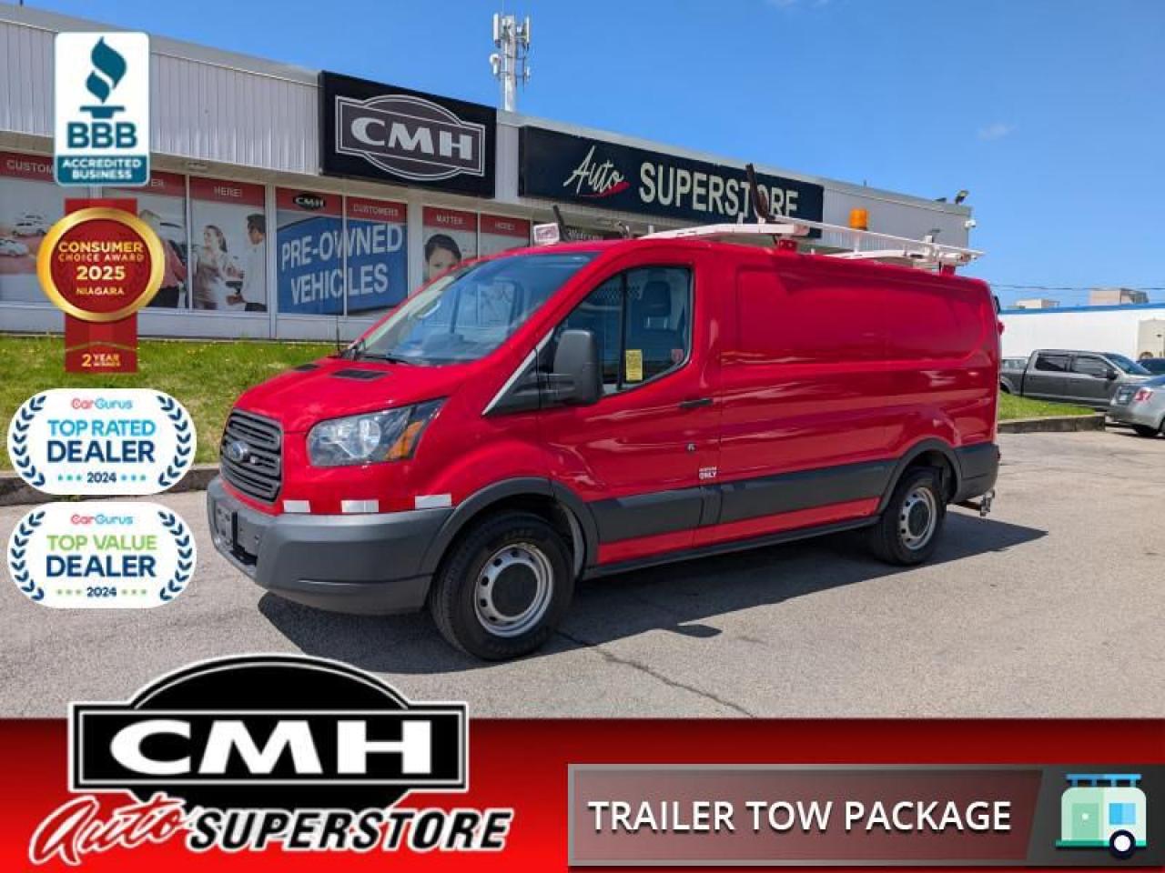 <b>GREAT WORK VAN !! REAR CAMERA, PARK SENSORS, BLUETOOTH, STEERING WHEEL CONTROLS, CRUISE CONTROL, RAIN SENSING WIPERS, POWER DRIVER SEAT, BEACON W/ LIGHTS, POWER OUTLET, STORAGE CABINETS/BINS, ROOF RACK, ADDED INTERIOR LIGHTS, POWER GROUP, AIR CONDITIONING</b><br>  <br>CMH certifies that all vehicles meet DOUBLE the Ministry standards for Brakes and Tires<br><br> <br>    This  2018 Ford Transit Van is for sale today. <br> <br>This Ford Transit Cargo Van offers the flexibility to fit any size of business, whether you need to tow, haul, cart, carry or deliver - the Ford Transit can get it done. The Ford Transit workspace is carefully designed to maximize efficiency and versatility, making your Transit the ideal tool for any job. This  van has 115,228 kms. Its  red (orig white) in colour  and is major accident free based on the <a href=https://vhr.carfax.ca/?id=gUd3Bf/7Jjrxj5bQRazTHx/T3PNgxa7F target=_blank>CARFAX Report</a> . It has an automatic transmission and is powered by a   3.7L V6 Cylinder Engine. <br> To view the original window sticker for this vehicle view this <a href=http://www.windowsticker.forddirect.com/windowsticker.pdf?vin=1FTYR1ZM6JKB10013 target=_blank>http://www.windowsticker.forddirect.com/windowsticker.pdf?vin=1FTYR1ZM6JKB10013</a>. <br/><br> <br>To apply right now for financing use this link : <a href=https://www.cmhniagara.com/financing/ target=_blank>https://www.cmhniagara.com/financing/</a><br><br> <br/><br>Trade-ins are welcome! Financing available OAC ! Price INCLUDES a valid safety certificate! Price INCLUDES a 60-day limited warranty on all vehicles except classic or vintage cars. CMH is a Full Disclosure dealer with no hidden fees. We are a family-owned and operated business for over 30 years! o~o
