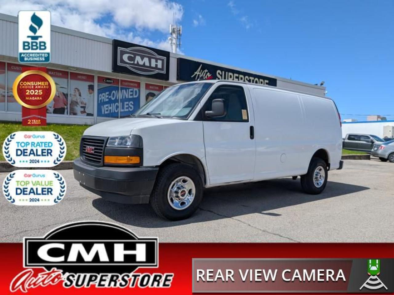 <b>GREAT WORK VAN !! REAR CAMERA, BLUETOOTH, STEERING WHEEL CONTROLS, CRUISE CONTROL, POWER WINDOWS, POWER LOCKS, POWER MIRRORS, AIR CONDITIONING, AUXILIARY PORT, 120V OUTLET, LEATHER WRAPPED STEERING WHEEL, CHROME BUMPERS, REAR GLASS  **PREV. RENTAL**</b><br>  <br>CMH certifies that all vehicles meet DOUBLE the Ministry standards for Brakes and Tires<br><br> <br>    This  2021 GMC Savana Cargo Van is for sale today. <br> <br>This GMC Savana Cargo rides on a full-size van chassis with two seats and an expansive cargo area. If you want the capability of a truck, but need the cargo space provided by van, this GMC Savana is perfect fit for you. You can haul big payloads and or customize this Savana to perfectly fit for your business needs.This  van has 93,303 kms. Its  white in colour  . It has an automatic transmission and is powered by a   4.3L V6 Cylinder Engine. <br> <br>To apply right now for financing use this link : <a href=https://www.cmhniagara.com/financing/ target=_blank>https://www.cmhniagara.com/financing/</a><br><br> <br/><br>Trade-ins are welcome! Financing available OAC ! Price INCLUDES a valid safety certificate! Price INCLUDES a 60-day limited warranty on all vehicles except classic or vintage cars. CMH is a Full Disclosure dealer with no hidden fees. We are a family-owned and operated business for over 30 years! o~o