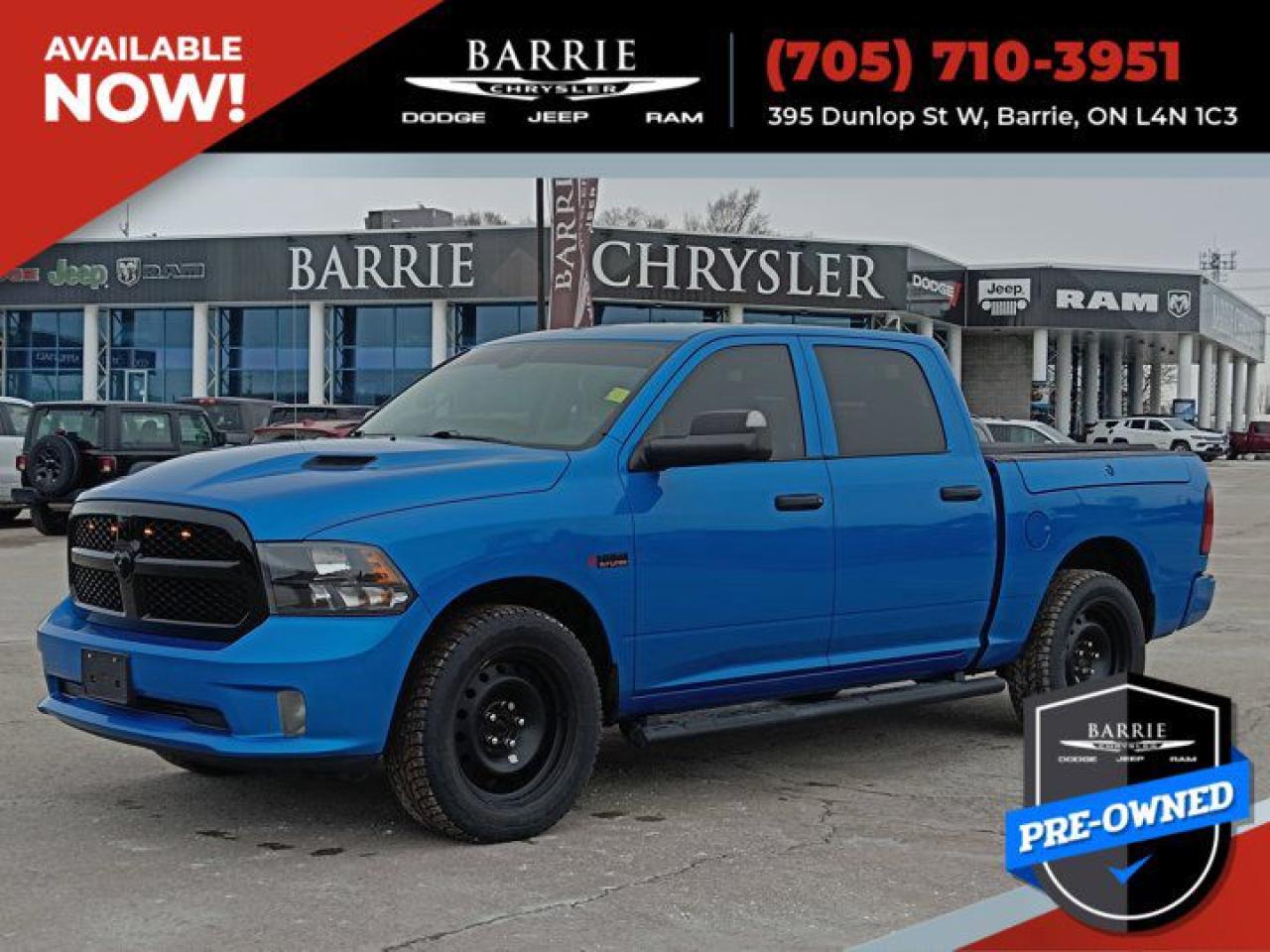 RAMBOX !! | HYDRO BLUE PEARL | NIGHT EDITION | TRAILER TOW MIRRORS & BRAKE | 8.4 DISPLAY | ELECTRONICS CONVENIENCE | 3.92 REAR AXLE | MOPAR SPORT HOOD | SPRAY-IN BED LINER | APPLE CARPLAY | ANDROID AUTOFrom mountains to mud, this Blue 2021 Ram 1500 Classic Express muscles through any terrain. The tough Regular Unleaded V-8 5.7 L/345 engine brings stump pulling torque to any on or off-road situation. Be the unstoppable force you imagine in this vehicle. Its loaded with the following options: WHEELS: 20 X 8 SEMI-GLOSS BLACK ALUMINUM, WHEEL & SOUND GROUP -inc: 1-Year SiriusXM Subscription, For SiriusXM Info Call 888-539-7474, SiriusXM Satellite Radio, Wheels: 20 x 8 Aluminum, Rear Floor Mats, Front Floor Mats, Dual Rear Exhaust w/Bright Tips, 2nd Row In-Floor Storage Bins, Carpet Floor Covering, Remote Keyless Entry, Tires: P275/60R20 BSW All-Season, TRANSMISSION: 8-SPEED TORQUEFLITE AUTOMATIC (DFK) -inc: Active Grille Shutters, Electronic Shift, TRAILER TOW MIRRORS & BRAKE GROUP -inc: Trailer Brake Control, Class IV Hitch Receiver, Black Power Manual Fold Trailer Tow Mirrors, Exterior Mirrors w/Turn Signals, Exterior Mirrors w/Courtesy Lamps, Trailer Tow Mirrors, TRAILER BRAKE CONTROL, TIRES: P275/60R20 OWL AS, SPRAY-IN BEDLINER, SPORT PERFORMANCE HOOD, SINGLE-DISC REMOTE CD PLAYER, and REMOTE KEYLESS ENTRY. For a hassle-free deal on this must-own Ram 1500 Classic come see us at BARRIE CHRYSLER, 395 Dunlop St West, Barrie, ON L4N1C3. Just minutes away!