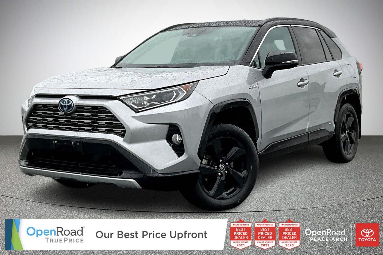 One Owner! No Accidents!  The 2020 Toyota RAV4 Hybrid XLE is a fuel-efficient compact SUV with a 2.5L four-cylinder engine and an electric motor, delivering a combined 219 horsepower. It features an electronic on-demand all-wheel drive, an 8-inch touchscreen with Apple CarPlay and Android Auto, and a Smart Key System with push-button start. Safety includes Toyota Safety Sense 2.0, with adaptive cruise control, lane departure alert, and automatic emergency braking. The interior offers dual-zone climate control, a power-adjustable driver’s seat, and a sunroof. With an EPA-estimated 40 mpg combined, it balances efficiency and capability, making it a practical choice for daily commuting.  Have confidence with your OpenRoad purchase! Every OpenRoad Certified Pre-Owned vehicle comes fully reconditioned and complete with a comprehensive 153 point mechanical inspection, a CarFax history & lien report, a 3-Day Money Back Guarantee, a 30-Day/2,000 kms Exchange Policy, a 90-Day/5,000 kms Powertrain Warranty, guaranteed clear title, and membership to our exclusive Club OpenRoad! As a proud member of the OpenRoad Auto Group, a trusted name since 2000 serving the Lower mainland (including White Rock, Surrey, Langley, Maple Ridge, Delta, Richmond, Mission and beyond) with outstanding Toyota vehicles, Toyota parts, and Toyota service since 1966! OpenRoad Toyota Peace Arch is a “True Price” dealer, meaning no inflated prices, and no need for back and forth haggling! We use up to the minute technology offering LIVE MARKET VALUE PRICING to ensure you are receiving the most competitive price possible on all of our Pre-Owned vehicles!  All advertised vehicle prices do not include our $599 documentation fee.