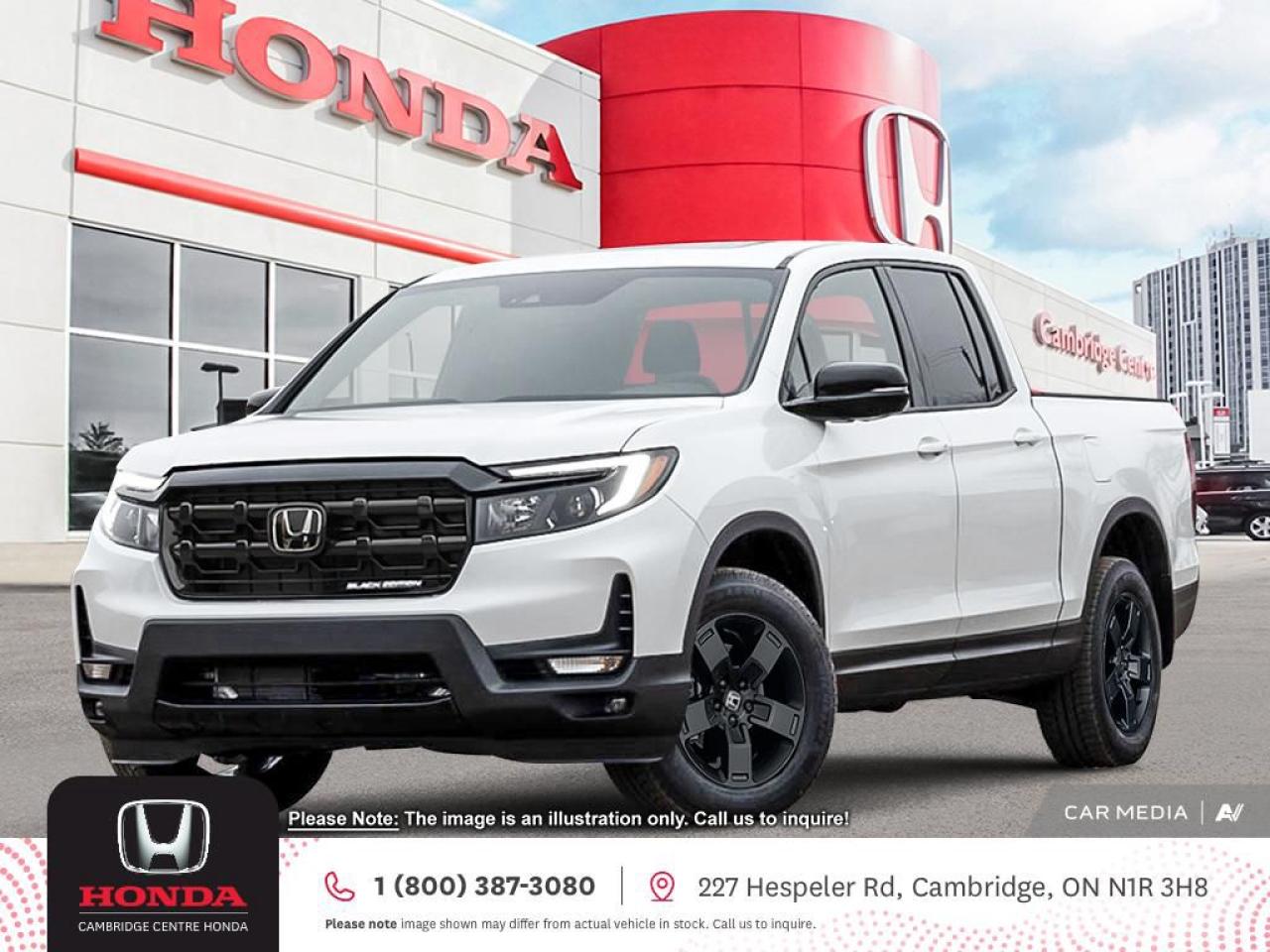 <p><strong>Introducing the Black Edition Ridgeline, a true classic that combines style with power. </strong></p>

<p>Under the hood, you'll find a robust 3.5-litre, 24-valve, Direct Injection, SOHC, i-VTEC® V6 engine boasting an impressive 280 horsepower. But that's just the beginning. This beauty is equipped with the Intelligent Variable Torque Management (i-VTM4™) AWD system, ensuring you have all-wheel drive or 4-wheel drive capabilities when you need them, along with the Intelligent Traction Management System, offering settings for conquering Snow, Sand, or Mud.</p>

<p>Step inside, and you'll immediately notice the attention to detail. The Black Edition grille emblem, red ambient lighting in the footwell, door pockets, and cupholders, as well as the Black Edition seat stitching and floor mats, add a touch of sophistication to your ride.</p>

<p>But the Black Edition Ridgeline is not just about looks; it's a workhorse too. With a towing capacity of up to 5,000 lbs, a multi-link independent rear suspension, and trailer stability assist, it's ready for any adventure you throw its way.</p>

<p>Stay connected effortlessly with features like SiriusXM™ satellite radio, Apple CarPlay™ (Apple Auto) and Android Auto™ (Android Play) connectivity, all seamlessly integrated into the Display Audio System with HondaLink™. Apple users will also appreciate Siri® Eyes Free compatibility. Plus, the available Honda Satellite-Linked Navigation System™ (GPS) with bilingual Voice Recognition and Wi-Fi tethering ensures you'll never lose your way.</p>

<p>Comfort is a priority with heated and ventilated front seats, a heated leather-wrapped steering wheel, 4-way power adjustment for the passenger seat, and heated rear seats in outboard positions. The remote engine starter, tri-zone automatic climate control with an air-filtration system, and one-touch power moonroof (sunroof) with a tilt feature ensure the perfect temperature from the get-go.</p>

<p>The Black Edition Ridgeline is not just about style and comfort; it's about functionality too. The dual-action tailgate, In-Bed Trunk™, and integrated bed lights with an auto-off timer enhance the practicality of the truck bed. You'll also appreciate the conveniently placed 150W/400W truck-bed power outlet and the Truck-Bed Audio System™.</p>

<p>Safety is paramount, and that's why the Black Edition Ridgeline comes equipped with Honda Sensing technologies, including Adaptive Cruise Control, Forward Collision Warning, Collision Mitigation Braking, Lane Departure Warning, Lane Keeping Assist, and Road Departure Mitigation. The Blind Spot Information (BSI) system and Rear Cross Traffic Monitoring add an extra layer of safety.</p>

<p><span style=color:#ff0000><em><strong>Premium paint charge of $300 is not included on all colours/models.</strong></em></span></p>

<p>Experience the Difference at Cambridge Centre Honda! Why Test Drive Here? You choose: drive with a sales person or on your own, extended overnight and at home test drives available. Why Purchase Here? VIP Coupon Booklet: up to $1000 in service & other savings, FREE Ontario-Wide Delivery. Cambridge Centre Honda proudly serves customers from Cambridge, Kitchener, Waterloo, Brantford, Hamilton, Waterford, Brant, Woodstock, Paris, Branchton, Preston, Hespeler, Galt, Puslinch, Morriston, Roseville, Plattsville, New Hamburg, Baden, Tavistock, Stratford, Wellesley, St. Clements, St. Jacobs, Elmira, Breslau, Guelph, Fergus, Elora, Rockwood, Halton Hills, Georgetown, Milton and all across Ontario!</p>