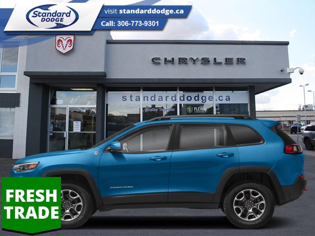 <b>Cooled Seats,  Hands Free Liftgate,  Leather Seats,  Off-Road Suspension,  Heated Seats!</b><br> <br>  Compare at $38124 - Our Price is just $35218! <br> <br>   Aiming to be more than another run-of-the-mill crossover, this Cherokee brings a measure of ruggedness to the party in the way that only a Jeep can, says Car and Driver. This  2021 Jeep Cherokee is fresh on our lot in Swift Current. <br> <br>With an exceptionally smooth ride and an award-winning interior, this Jeep Cherokee can take you anywhere in comfort and style. This Cherokee has a refined look without sacrificing its rugged presence. Experience the freedom of adventure and discover new territories with the unique and authentically crafted Jeep Cherokee. This  SUV has 55,001 kms. Its  hydro blue pearl in colour  and is completely accident free based on the <a href=https://vhr.carfax.ca/?id=zSz6fmDDTz+aLZ3CJ25ZzdVjWb+MlyrZ target=_blank>CARFAX Report</a> . It has a 9 speed automatic transmission and is powered by a  271HP 3.2L V6 Cylinder Engine.  It may have some remaining factory warranty, please check with dealer for details. <br> <br> Our Cherokees trim level is Trailhawk Elite. The most rugged of the Cherokee line, this Trailhawk Elite provides style with heated and cooled Nappa leather seats and a hands free liftgate. Be ready for anything in the city or on the trail with aluminum wheels, towing equipment, skid plates, tow hooks, dual exhaust, upgraded suspension, LED lighting with automatic headlamps, fog lamps, and cornering lights. This family SUV ensures comfort and safety with UConnect 4 with voice command, Android Auto, Apple CarPlay, a heated leather steering wheel, easy clean flooring, a proximity key, remote start, blind spot monitoring with rear cross path detection, ParkSense, and the ParkView Rear Backup Camera. This vehicle has been upgraded with the following features: Cooled Seats,  Hands Free Liftgate,  Leather Seats,  Off-road Suspension,  Heated Seats,  Apple Carplay,  Android Auto. <br> To view the original window sticker for this vehicle view this <a href=http://www.chrysler.com/hostd/windowsticker/getWindowStickerPdf.do?vin=1C4PJMBX1MD132762 target=_blank>http://www.chrysler.com/hostd/windowsticker/getWindowStickerPdf.do?vin=1C4PJMBX1MD132762</a>. <br/><br> <br>To apply right now for financing use this link : <a href=https://standarddodge.ca/financing target=_blank>https://standarddodge.ca/financing</a><br><br> <br/><br>* Stop By Today *Test drive this must-see, must-drive, must-own beauty today at Standard Chrysler Dodge Jeep Ram, 208 Cheadle St W., Swift Current, SK S9H0B5! <br> o~o