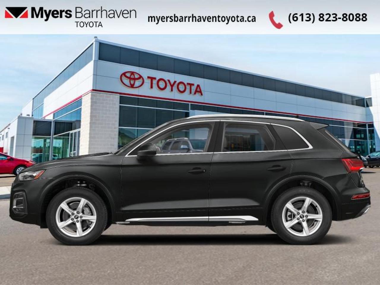 <b>Sunroof, Navigation, Leather Seats, Heated Seats, Apple CarPlay, Heated Steering Wheel, Power Liftgate, Blind Spot Detection, Lane Keep Assist, Lane Departure Warning, Forward Collision Mitigation, LED Lights, Climate Control, SiriusXM</b><br> <br>  Compare at $41442 - Our Live Market Price is just $39848! <br> <br>   This 2023 Audi Q5 offers an upscale look, a host of high-end features, and an overall refined nature. This  2023 Audi Q5 is fresh on our lot in Ottawa. <br> <br>For luxury SUV buyers who are big on style and technology, this 2023 Audi Q5 is a handsome choice with plenty to like. This vehicle looks good, treats occupants right, and wont seem out of place at the valet stand. This Q5 applies the brands luxury pedigree to the compact-crossover template, and features an impeccably-built cabin with upscale features, impressive ergonomics, and a tranquil ride quality. Overall, this Audi Q5 promotes a stately image and delivers a posh driving experience.This  SUV has 54,996 kms. Its  black in colour  . It has an automatic transmission and is powered by a  261HP 2.0L 4 Cylinder Engine. <br> <br> Our Q5s trim level is Progressiv 45 TFSI quattro. This Progressiv trim adds a lot of luxury with a dual row sunroof, navigation, a heated leather steering wheel, driver memory settings, aluminum interior trim, automatic high beams, and front and rear parking sensors. This SUV is more than a simple family vehicle with luxury features like heated leather bucket seats with contrast stitching, a leather steering wheel, proximity key with push button start, proximity cargo access, and voice activated LCD touchscreen infotainment with wireless Apple CarPlay. The style continues on the exterior with a dual tailpipe, aluminum alloy wheels, programmable LED lighting, fog lamps, and perimeter lights. Drive in confident safety with lane departure warning, blind spot monitor, and a back up camera.<br> <br>To apply right now for financing use this link : <a href=https://www.myersbarrhaventoyota.ca/quick-approval/ target=_blank>https://www.myersbarrhaventoyota.ca/quick-approval/</a><br><br> <br/><br> Buy this vehicle now for the lowest bi-weekly payment of <b>$295.38</b> with $0 down for 84 months @ 8.99% APR O.A.C. ( Plus applicable taxes -  Plus applicable fees   ).  See dealer for details. <br> <br>At Myers Barrhaven Toyota we pride ourselves in offering highly desirable pre-owned vehicles. We truly hand pick all our vehicles to offer only the best vehicles to our customers. No two used cars are alike, this is why we have our trained Toyota technicians highly scrutinize all our trade ins and purchases to ensure we can put the Myers seal of approval. Every year we evaluate 1000s of vehicles and only 10-15% meet the Myers Barrhaven Toyota standards. At the end of the day we have mutual interest in selling only the best as we back all our pre-owned vehicles with the Myers *LIFETIME ENGINE TRANSMISSION warranty. Thats right *LIFETIME ENGINE TRANSMISSION warranty, were in this together! If we dont have what youre looking for not to worry, our experienced buyer can help you find the car of your dreams! Ever heard of getting top dollar for your trade but not really sure if you were? Here we leave nothing to chance, every trade-in we appraise goes up onto a live online auction and we get buyers coast to coast and in the USA trying to bid for your trade. This means we simultaneously expose your car to 1000s of buyers to get you top trade in value. <br>We service all makes and models in our new state of the art facility where you can enjoy the convenience of our onsite restaurant, service loaners, shuttle van, free Wi-Fi, Enterprise Rent-A-Car, on-site tire storage and complementary drink. Come see why many Toyota owners are making the switch to Myers Barrhaven Toyota. <br>*LIFETIME ENGINE TRANSMISSION WARRANTY NOT AVAILABLE ON VEHICLES WITH KMS EXCEEDING 140,000KM, VEHICLES 8 YEARS & OLDER, OR HIGHLINE BRAND VEHICLE(eg. BMW, INFINITI. CADILLAC, LEXUS...)<br> Come by and check out our fleet of 80+ used cars and trucks and 20+ new cars and trucks for sale in Ottawa.  o~o