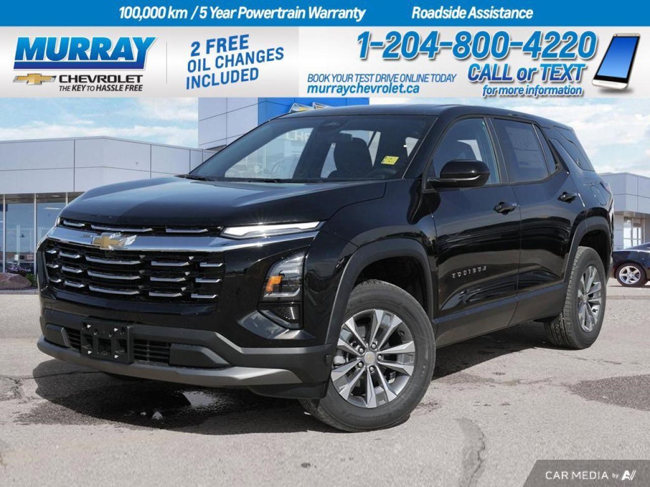 *Heated Front Seat(s)* *Remote Engine Start* *Adaptive Cruise Control*  Experience the perfect blend of style and functionality with the 2025 Chevrolet Equinox FWD LT, designed to harmonize with the vibrant life of Winnipeg and the calm serenity of the surrounding area. The 1.5L Turbocharged DOHC 4-cylinder engine offers a dynamic driving experience, complemented by a continuously variable transmission that ensures smooth and efficient power delivery every time you hit the road.  The Equinoxs exterior, adorned in Mosaic Black Metallic, exudes a sleek and modern appeal, making it a standout in any setting. Inside, the black cloth seat trim provides a comfortable and inviting cabin atmosphere, enhanced by a heated steering wheel perfect for those chilly prairie mornings. Smart device integration and Bluetooth connectivity keep you connected effortlessly, while the back-up camera and blind spot monitor enhance your driving confidence on city streets or country roads.  This sport utility vehicle is equipped with features designed to make your journey as safe and enjoyable as possible. Front Collision Mitigation, Lane Departure Warning, and Rear Parking Aid are just a few of the advanced safety technologies included to ensure peace of mind. At Murray Chevrolet Winnipeg, the 2025 Equinox awaits to accompany you on all your adventures, whether youre navigating urban landscapes or exploring the wide-open prairies.  Dealer Permit #1740