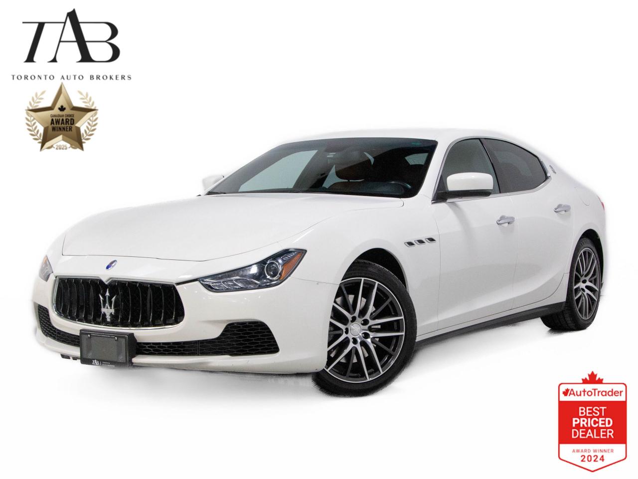 This beautiful 2014 Maserati Ghibli is a local Ontario vehicle. A stunning blend of Italian craftsmanship and exhilarating performance, this luxury sedan delivers a thrilling driving experience with its powerful V6 engine, refined interior, and striking design. Whether cruising through city streets or open highways, the Ghibli offers sophistication and excitement at every turn.

Key Features Include:

3.0L Twin-Turbo V6 Engine
Aluminum Alloy Wheels
HID/Xenon Headlights & LED Taillights
Leather Upholstery with Leather-Wrapped Dash & Door Panels
Heated Side Mirrors & Rain-Sensing Wipers
Dual-Zone Automatic Climate Control
Premium Audio System with DVD & Bluetooth Connectivity
Rearview Camera System & Rear Parking Sensors
Keyless Entry & Push-Button Start
Power-Adjustable Front Seats
Stability & Traction Control
Quad-Tip Exhaust System

NOW OFFERING 3 MONTH DEFERRED FINANCING PAYMENTS ON APPROVED CREDIT. 

WE OFFER THE BEST FINANCE RATES, AND DONT CHARGE ANY FINANCING FEE 

Looking for a top-rated pre-owned luxury car dealership in the GTA? Look no further than Toronto Auto Brokers (TAB)! Were proud to have won multiple awards, including the 2024 AutoTrader Best Priced Dealer, the 2024 CarGurus Award, the 2025 Top Choice Award, the 2025 Canadian Choice Award, the 2024 Three Best Rated Dealer Award, and many more!

With 30 years of experience serving the Greater Toronto Area, TAB is a respected and trusted name in the pre-owned luxury car industry. Our 30,000 sq.Ft indoor showroom is home to a wide range of luxury vehicles from top brands like BMW, Mercedes-Benz, Audi, Porsche, Land Rover, Jaguar, Aston Martin, Bentley, Maserati, and more. And we dont just serve the GTA, were proud to offer our services to all cities in Canada, including Vancouver, Montreal, Calgary, Edmonton, Winnipeg, Saskatchewan, Halifax, and more.

At TAB, were committed to providing a no-pressure environment and honest work ethics. As a family-owned and operated business, we treat every customer like family and ensure that every interaction is a positive one. Come experience the TAB Lifestyle at its truest form, luxury car buying has never been more enjoyable and exciting!

We offer a variety of services to make your purchase experience as easy and stress-free as possible. From competitive and simple financing and leasing options to extended warranties, aftermarket services, and full history reports on every vehicle, we have everything you need to make an informed decision. We welcome every trade, even if youre just looking to sell your car without buying, and when it comes to financing or leasing, we offer same day approvals, with access to over 50 lenders, including all of the banks in Canada. Feel free to check out your own Equifax credit score without affecting your credit score, simply click on the Equifax tab above and see if you qualify.

So if youre looking for a luxury pre-owned car dealership in Toronto, look no further than TAB! We proudly serve the GTA, including Toronto, Etobicoke, Woodbridge, North York, York Region, Vaughan, Thornhill, Richmond Hill, Mississauga, Scarborough, Markham, Oshawa, Peteborough, Hamilton, Newmarket, Orangeville, Aurora, Brantford, Barrie, Kitchener, Niagara Falls, Oakville, Cambridge, Kitchener, Waterloo, Guelph, London, Windsor, Orillia, Pickering, Ajax, Whitby, Durham, Cobourg, Belleville, Kingston, Ottawa, Montreal, Vancouver, Winnipeg, Calgary, Edmonton, Regina, Halifax, and more.

Call us today or visit our website to learn more about our inventory and services. And remember, all prices exclude applicable taxes and licensing, and vehicles can be certified at an additional cost of $799.