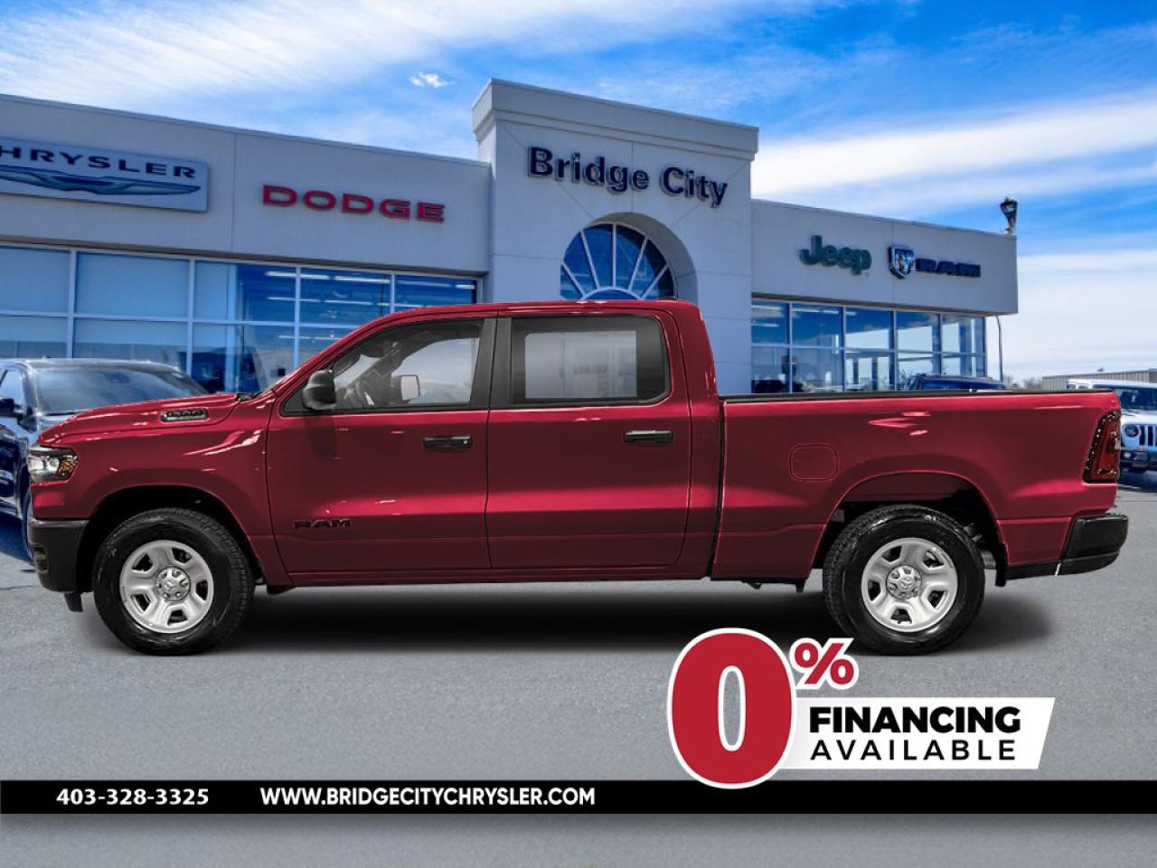 <b>3.92 Rear Axle!</b><br> <br> <br> <br>  Work, play and adventure are what the 2025 Ram 1500 was designed to do. <br> <br>The Ram 1500s unmatched luxury transcends traditional pickups without compromising its capability. Loaded with best-in-class features, its easy to see why the Ram 1500 is so popular. With the most towing and hauling capability in a Ram 1500, as well as improved efficiency and exceptional capability, this truck has the grit to take on any task.<br> <br> This red pearl Crew Cab 4X4 pickup   has an automatic transmission and is powered by a  420HP 3.0L Straight 6 Cylinder Engine.<br> <br> Our 1500s trim level is Sport. This Ram 1500 in Sport trim rewards you with front heated seats, a leather-wrapped heated steering wheel, a 360 camera system, a 10-speaker Alpine audio, and a 12-inch infotainment screen with inbuilt navigation, Apple CarPlay and Android Auto, and 4G LTE Wi-Fi hotspot. Additional features include class IV towing equipment, aluminum wheels, power adjustable pedals, intersection collision assist, evasion assist, lane keep assist with lane departure warning, and even more! This vehicle has been upgraded with the following features: 3.92 Rear Axle. <br><br> <br>To apply right now for financing use this link : <a href=https://www.bridgecitychrysler.com/pre-approval/ target=_blank>https://www.bridgecitychrysler.com/pre-approval/</a><br><br> <br/><br>As a premier Chrysler, Dodge, Jeep and RAM dealership, Bridge City Chrysler proudly offers an extensive selection of new and used vehicles to meet every drivers needs. Customers across Lethbridge, Fort Macleod, Taber, Claresholm, Coaldale, and beyond trust us for daily vehicle specials, certified service and parts, and a seamless online inventory experience. <br><br>
With competitive financing options and expert support, we make car buying easy and enjoyable. <br><br>

Ready to hit the road? Schedule your test drive today at Bridge City Chrysler, your trusted Chrysler, Dodge, Jeep and RAM dealer in Lethbridge, Alberta.<br><br> Vehicle pricing offer shown expire 2025-03-31. <br> Come by and check out our fleet of 60+ used cars and trucks and 160+ new cars and trucks for sale in Lethbridge.  o~o