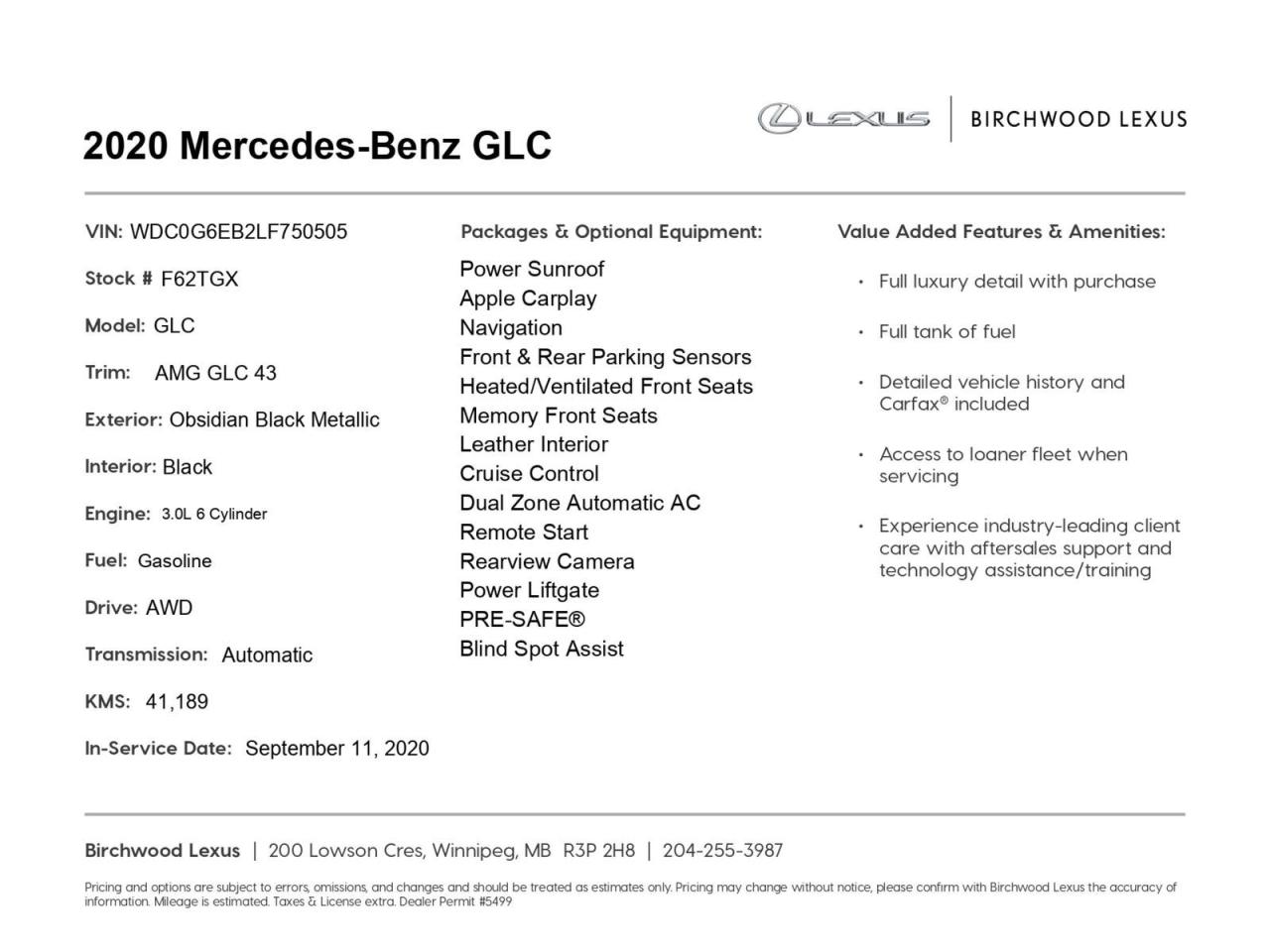 Used 2020 Mercedes-Benz GL-Class AMG GLC 43 Accident Free | Low KM's for sale in Winnipeg, MB