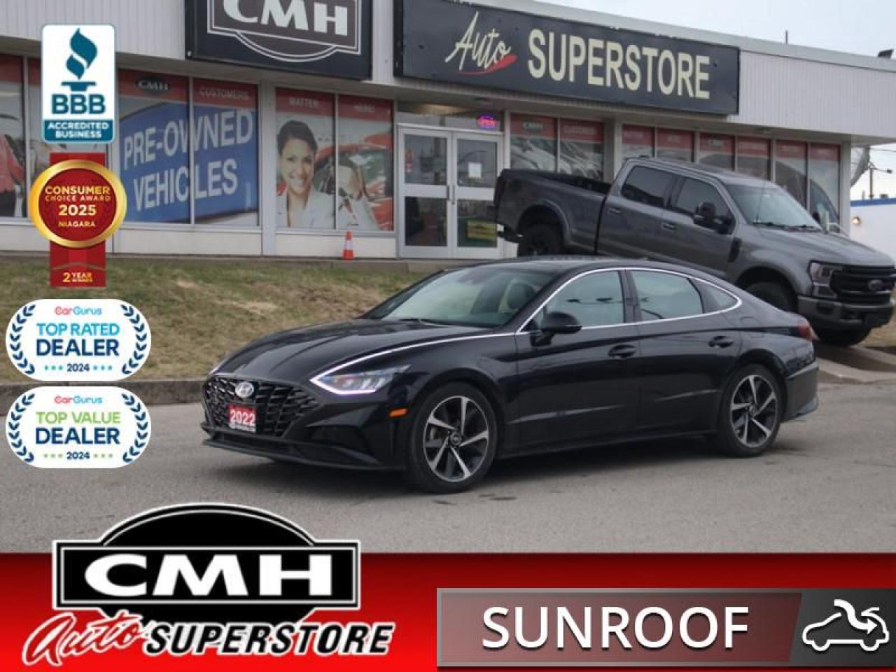<b>LOADED SEDAN !! REAR CAMERA, ADAPTIVE CRUISE, BLIND SPOT MONITORING, ADAPTIVE CRUISE CONTROL, LANE ASSIST, APPLE CARPLAY, PANO SUNROOF, SPORT SEATS, POWER DRIVER SEAT, HEATED SEATS, HEATED STEERING WHEEL, DUAL CLIMATE, REMOTE START **PREV. RENTAL**</b><br>  <br>CMH certifies that all vehicles meet DOUBLE the Ministry standards for Brakes and Tires<br><br> <br>    This  2022 Hyundai Sonata is for sale today. <br> <br>Sonata continues to raise the bar in the midsize sedan segment with the ubiquitous Sonata, and this 2022 iteration is no exception. Engineered to deliver a smooth and comfortable ride with premium interior build materials and a refined power train, occupants are cocooned in tranquility with every drive. Exceptional reliability and great value ensure that this 2022 Sonata stays on top in the ever-competitive sedan segment.This  sedan has 110,537 kms. Its  twilight black in colour  and is major accident free based on the <a href=https://vhr.carfax.ca/?id=oI93ozV0FrcPhcxp3i8hO5lcox+sSz6D target=_blank>CARFAX Report</a> . It has an automatic transmission and is powered by a  180HP 1.6L 4 Cylinder Engine. <br> <br> Our Sonatas trim level is Sport. On top of an aggressive drivetrain, this Sonata Sport adds sporty styling with red accent stitching and a sunroof along with incredible tech upgrades like wi-fi. This Sonata is a fantastic sedan, stuffed full of incredible features like heated seats and steering wheel, remote start, and proximity keyless entry with cargo access. Stay connected during your busy days using the voice activated touchscreen infotainment system complete with wireless Android Auto and Apple CarPlay, along with a hands free Bluetooth phone system. This family friendly sedan also helps you keep your precious cargo safe employing a comprehensive driver assistance suite including lane keep assist, forward and rear collision assist, blind spot assist, distance pacing cruise with stop and go, and driver attention monitoring. Chrome trim, automatic highbeams, and aluminum wheels make sure you do it all in style. This vehicle has been upgraded with the following features: Sunroof,  Wi-fi,  Heated Seats,  Apple Carplay,  Heated Steering Wheel,  Android Auto,  Lane Keep Assist. <br> <br>To apply right now for financing use this link : <a href=https://www.cmhniagara.com/financing/ target=_blank>https://www.cmhniagara.com/financing/</a><br><br> <br/><br>Trade-ins are welcome! Financing available OAC ! Price INCLUDES a valid safety certificate! Price INCLUDES a 60-day limited warranty on all vehicles except classic or vintage cars. CMH is a Full Disclosure dealer with no hidden fees. We are a family-owned and operated business for over 30 years! o~o