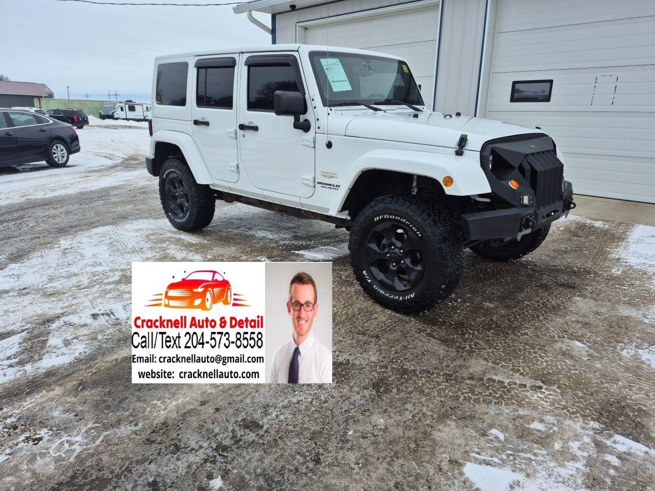 <p>2014 Jeep Wrangler Unlimited Sahara - Clean Title/ Safetied - $258 Bi-Weekly + Tax (short term)</p><h3><span style=color:rgb( 15 , 15 , 15 )>﻿Located in Carberry, but capable of bringing to Brandon. Priced to Sell! Carfax Available, excellent condition.</span></h3><ul><li><p>Legendary Jeep 4x4 </p></li><li><p>Removable Hardtop </p></li><li><p>6.5 Touchscreen with Navigation & Bluetooth </p></li><li><p>Alpine Premium Sound System with Subwoofer</p></li><li><p>Power Windows, Locks, and Heated Mirrors</p></li><li><p>Alloy Wheels with All-Terrain Tires</p></li><li><p>Side Steps for Easy Access</p></li><li><p>Fog Lights & LED Accents for Enhanced Visibility</p></li><li><p>Tow Hooks & Skid Plates for Off-Road Durability</p></li><li><p>Fresh Safety and Service</p></li><li><p>Local</p></li></ul><p>Financing Available/ Warranty Available /Trades Welcome /<span style=color:rgb( 15 , 15 , 15 )>delivery available.</span></p><p></p><p>Call/Text 204-573-8558</p><p></p><p>Dealer #5742</p><p></p><p><strong>Vehicle available for dealer trading, perfect subprime car</strong></p><p></p><p>Treaty cards accepted - 7 Day insurances available</p>