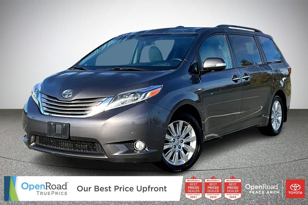 Fresh Oil Change! Navigation! The 2016 Toyota Sienna Limited AWD 7-Passenger offers a blend of comfort, versatility, and safety. Powered by a 3.5L V6 engine paired with a 6-speed automatic transmission, it provides 266 horsepower. Its all-wheel-drive system ensures stability in various weather conditions. Key features include leather upholstery, heated front seats, a power-adjustable driver’s seat, and tri-zone automatic climate control. The infotainment system includes a 7-inch touchscreen, navigation, Bluetooth, and a premium JBL sound system. Safety features include blind-spot monitoring, rear cross-traffic alert, and a backup camera. The Sienna seats seven with second-row captains chairs and ample cargo space. Have confidence with your OpenRoad purchase! Every OpenRoad Certified Pre-Owned vehicle comes fully reconditioned and complete with a comprehensive 153 point mechanical inspection, a CarFax history & lien report, a 3-Day Money Back Guarantee, a 30-Day/2,000 kms Exchange Policy, a 90-Day/5,000 kms Powertrain Warranty, guaranteed clear title, and membership to our exclusive Club OpenRoad! As a proud member of the OpenRoad Auto Group, a trusted name since 2000 serving the Lower mainland (including White Rock, Surrey, Langley, Maple Ridge, Delta, Richmond, Mission and beyond) with outstanding Toyota vehicles, Toyota parts, and Toyota service since 1966! OpenRoad Toyota Peace Arch is a “True Price” dealer, meaning no inflated prices, and no need for back and forth haggling! We use up to the minute technology offering LIVE MARKET VALUE PRICING to ensure you are receiving the most competitive price possible on all of our Pre-Owned vehicles!  All advertised vehicle prices do not include our $599 documentation fee.