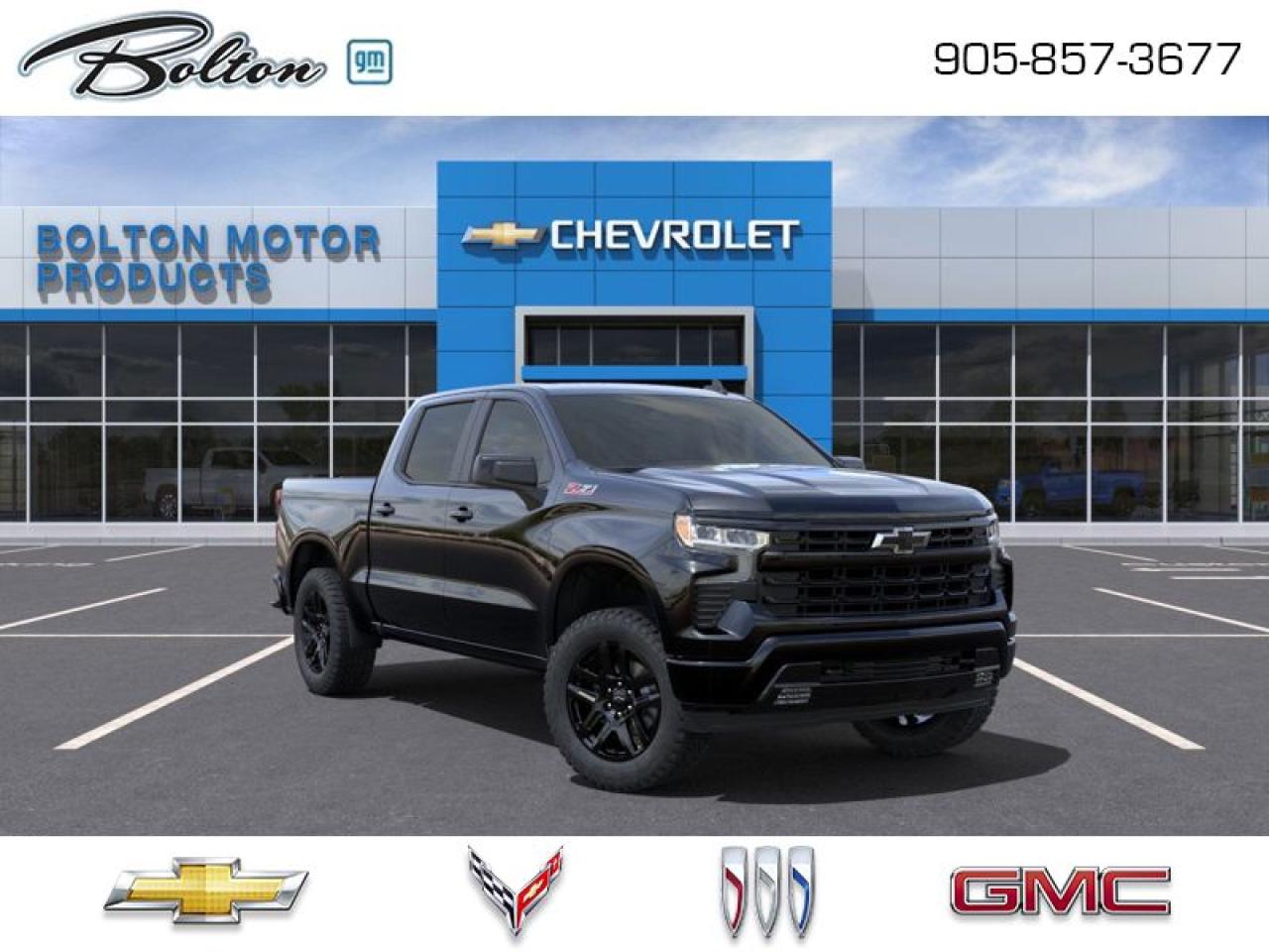 <b>20 Aluminum Wheels, Z71 Off-Road Package!</b><br> <br> <br> <br>  Astoundingly advanced and exceedingly premium, this 2025 Chevrolet Silverado 1500 is designed for pickup excellence. <br> <br>This 2025 Chevrolet Silverado 1500 stands out in the midsize pickup truck segment, with bold proportions that create a commanding stance on and off road. Next level comfort and technology is paired with its outstanding performance and capability. Inside, the Silverado 1500 supports you through rough terrain with expertly designed seats and robust suspension. This amazing 2025 Silverado 1500 is ready for whatever.<br> <br> This black Crew Cab 4X4 pickup   has an automatic transmission and is powered by a  355HP 5.3L 8 Cylinder Engine.<br> <br> Our Silverado 1500s trim level is RST. This trim steps things up with heated front seats, a heated steering wheel and dual-zone climate control, along with a trailering package, remote start, aluminum wheels, hitch guidance, a power locking EZ lift tailgate, and an upgraded 13.4-inch infotainment display with navigation capability, Apple CarPlay and Android Auto. Safety features also include lane keep assist with lane departure warning, following distance indication, forward collision alert, and automatic emergency braking with front pedestrian braking. This vehicle has been upgraded with the following features: 20 Aluminum Wheels, Z71 Off-road Package. <br><br> <br>To apply right now for financing use this link : <a href=http://www.boltongm.ca/?https://CreditOnline.dealertrack.ca/Web/Default.aspx?Token=44d8010f-7908-4762-ad47-0d0b7de44fa8&Lang=en target=_blank>http://www.boltongm.ca/?https://CreditOnline.dealertrack.ca/Web/Default.aspx?Token=44d8010f-7908-4762-ad47-0d0b7de44fa8&Lang=en</a><br><br> <br/><br>At Bolton Motor Products, we offer new Chevrolet, Cadillac, Buick, GMC cars and trucks in Bolton, along with used cars, trucks and SUVs by top manufacturers. Our sales staff will help you find that new or used car you have been searching for in the Bolton, Brampton, Nobleton, Kleinburg, Vaughan, & Maple area. o~o