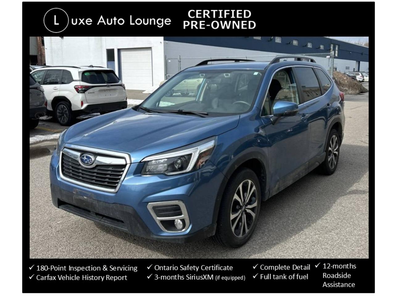 <p>Wow! Check out this one-owner, off-lease 2021 Subaru Forester directly from Subaru Canada! This one is LOADED, including: power panoramic sunroof, leather interior, heated seats, heated steering wheel, power seats, navigation, Harman Kardon stereo, touch-screen radio, back-up camera, bluetooth hands-free, SiriusXM satellite radio, alloy wheels and more!</p><p><span style=font-size: 16px; caret-color: #333333; color: #333333; font-family: Work Sans, sans-serif; white-space: pre-wrap; -webkit-text-size-adjust: 100%; background-color: #ffffff;>This vehicle comes Luxe certified pre-owned, which includes: 180-point inspection & servicing, oil lube and filter change, minimum 50% material remaining on tires and brakes, Ontario safety certificate, complete interior and exterior detailing, Carfax Verified vehicle history report, guaranteed one key (additional keys may be purchased at time of sale), FREE 90-day SiriusXM satellite radio trial (on factory-equipped vehicles) & full tank of fuel! </span><span style=background-color: #ffffff; color: #333333; font-family: Work Sans, sans-serif; font-size: 16px; caret-color: #333333; white-space-collapse: preserve;>Remember, we built our business on quality, trust, service, and we deliver. PERIOD.</span></p><p><span style=background-color: #ffffff; color: #333333; font-family: Work Sans, sans-serif; font-size: 16px; caret-color: #333333; white-space-collapse: preserve;>Priced at ONLY $239 bi-weekly with $1500 down over 78 months at 6.99% (cost of borrowing is $1899 per $10000 financed) OR cash purchase price of $33995 (both prices are plus HST and licensing). Call today and book your test drive appointment!</span></p>