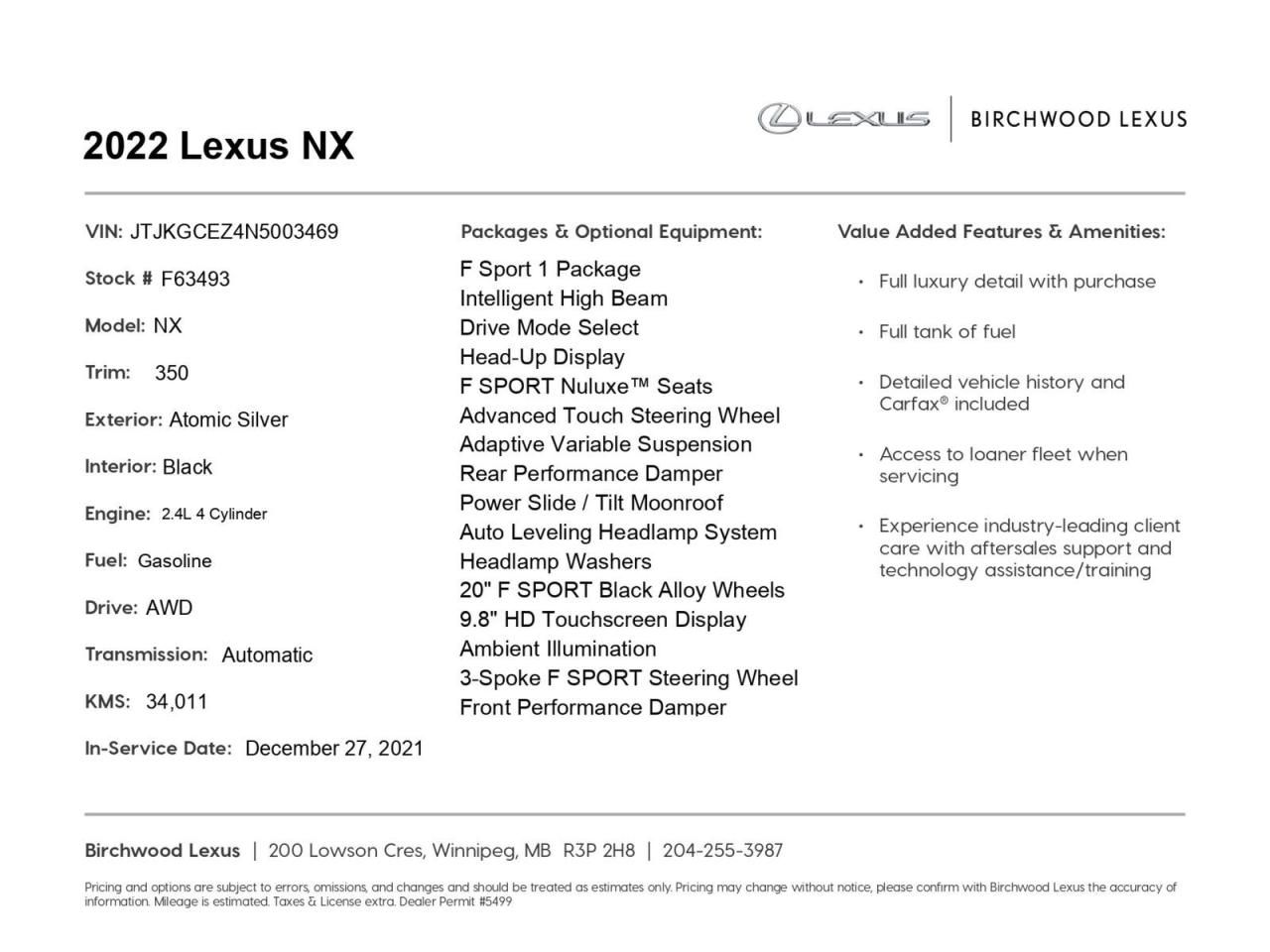 Used 2022 Lexus NX 350 F Sport 1 | Local | HUD for sale in Winnipeg, MB