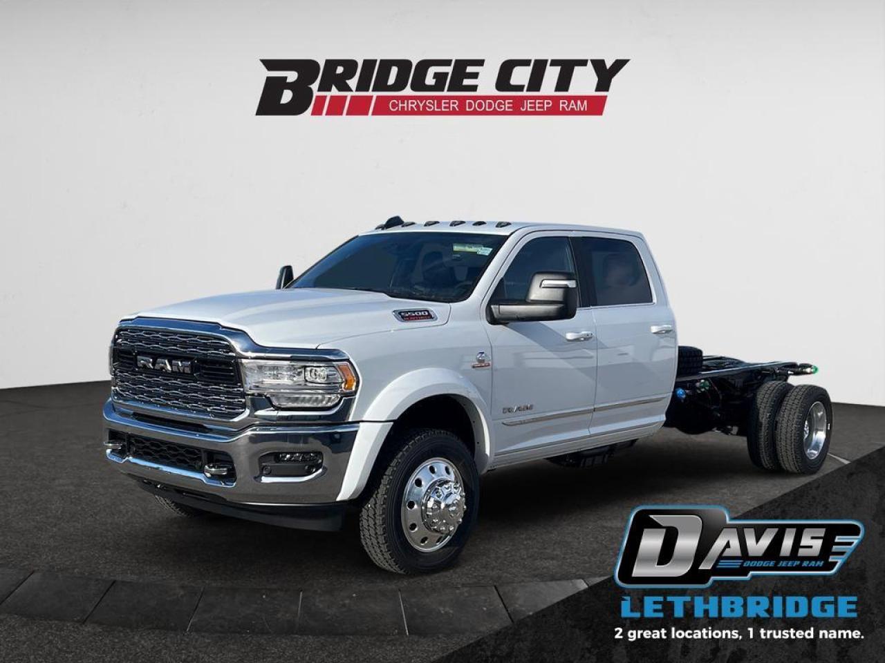 <b>Max Tow Pkg - Limited Pkg - Harman Kardon Sound - 12" Screen - Navigation - AISIN HD Transmission <br /> <br /></b><br /> Get the job done right the first time, with this Ram chassis cab on your team. This 2024 Ram 5500HD Chassis Cab is for sale today in Lethbridge. <br /> <br />In a class of its own, this Ram chassis cab delivers exactly what you need: superior capability and exceptional levels of comfort, all backed with proven Ram reliability. Whether you're in the commercial sector or looking for serious recreational towing rig, this impressive Ram chassis cab earns its reputation thanks to its unstoppable power! This sought after diesel Crew Cab 4X4 pickup has 233 km. Stock number 36563 is Bright White in colour. It has an Automatic transmission and is powered by a Cummins 360HP 6.7L Straight 6 Cylinder Engine. <br /> <br /> Our 5500HD Chassis Cab's trim level is Limited. This Ram 5500HD Limited steps things up with trailer braking control, a power-adjustable driver's seat with lumbar support, remote engine start, front and rear park assist, chrome-clad steel wheels and front floor carpets, and comes standard with heavy duty suspension, towing equipment including trailer sway control and a wiring harness, front and rear anti-roll bars, upfitter switches for mounting additional equipment, and front tow hooks. Additional equipment include an infotainment screen with Uconnect 5, a 9-speaker Alpine audio system, air conditioning, polished aluminum wheels, a rear power sliding window, interior sound insulation, cruise control with steering mounted buttons, and even more. This vehicle has been upgraded with the following features: Diesel Engine, Max Tow Package, Full-Size Spare Tire, Transfer Case Skid Plate Shield.<br /> <br />To apply right now for financing use this link: <a href=https://www.bridgecitychrysler.com/pre-approval/ target=_blank rel=nofollow noopener noreferrer>https://www.bridgecitychrysler.com/pre-approval/</a><br /><br /> <br /><br />Locally Owned & Trusted for Over 35 Years  Bridge City Chrysler in Lethbridge, AB <br /><br /> At Bridge City Chrysler, weve proudly served the Lethbridge community for more than 35 years, offering an unparalleled car buying experience. Dont just take our word for itour Google reviews speak volumes about our commitment to exceptional service. <br /><br /> Delivery & At-Home Test Drives: Convenient options to suit your lifestyle. <br /><br /> Flexible Financing for Everyone: Get the vehicle you need with financing solutions tailored to your situation. <br /><br /> Full Mechanical Inspections & Professional Cleaning: Every vehicle is thoroughly inspected and cleaned before it hits our lot.<br /><br /> We take all makes and models on trade and offer competitive pricing with inventory that changes daily. Whether you're shopping for a Chrysler, Dodge, Jeep, RAM, or FIAT, our AMVIC Licensed dealership makes it easy to browse, buy, and drive away.<br /><br /> Located in Lethbridge, AB, we proudly serve customers in Fort Macleod, Taber, Claresholm, and Coaldale. Shop online or visit us today to experience the best in sales, service, and selection. Standard bank rates apply; taxes are additional.<br /><br /> Vehicle pricing offer shown expires 2026-01-31. <br /> Come by and check out our fleet of 80+ used cars and trucks and 130+ new cars and trucks for sale in Lethbridge. o~o