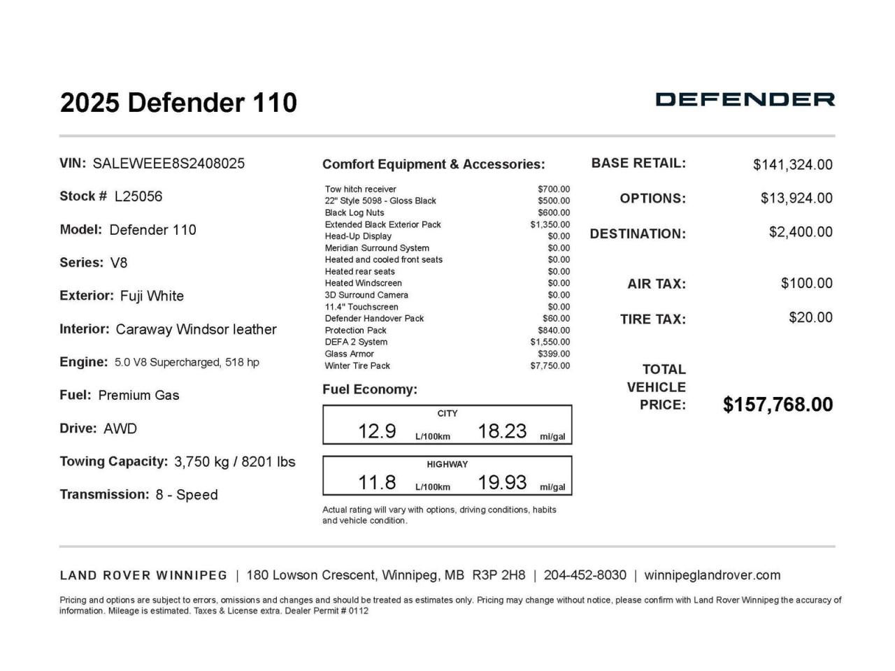 New 2025 Land Rover Defender V8 V8, Winter Tire Pack for sale in Winnipeg, MB