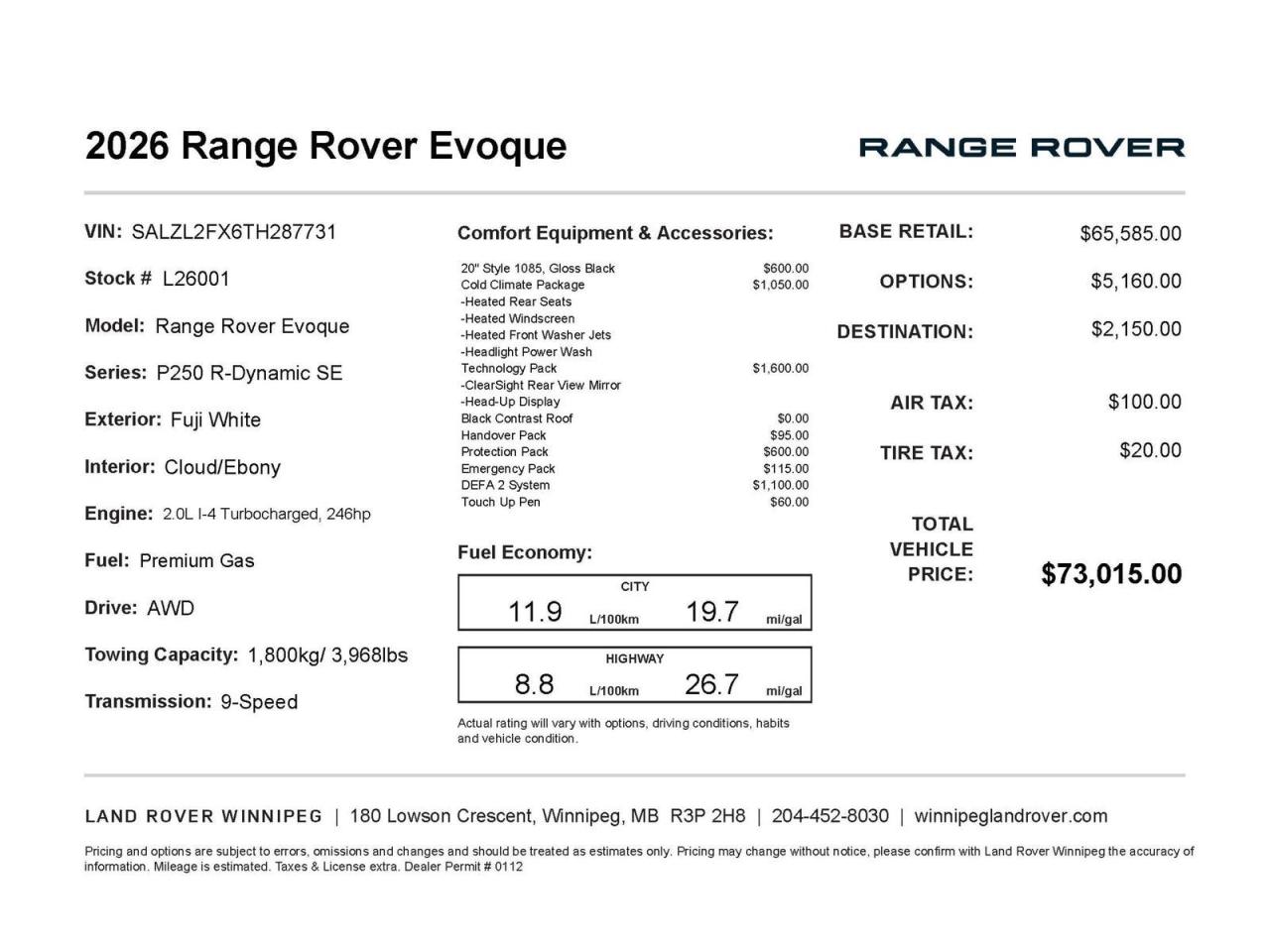 At Land Rover Winnipeg, we dont just sell vehicles; we deliver an exceptional ownership experience with your new Land Rover:

- Exclusive Perks: Enjoy on-brand loaners and rental vehicles during your scheduled service appointments.

- Convenience at Your Door: Benefit from our Land Rover Valet concierge service for hassle-free vehicle servicing.

- Keep It Clean: Complimentary washes with every service visit.

- Luxurious Comfort: Visit our state-of-the-art facility with full coffee service and premium amenities.

- Expert Care: Our Land Rover-trained technicians are dedicated to the longevity and performance of your vehicle.

Dont see exactly what youre looking for in our new or pre-owned inventory? Let our team locate it for you!

Visit us today or call for a personalized experience:

Phone: 204-452-8030
Website: winnipeglandrover.com  

Dealer Permit #0112
Dealer permit #0112