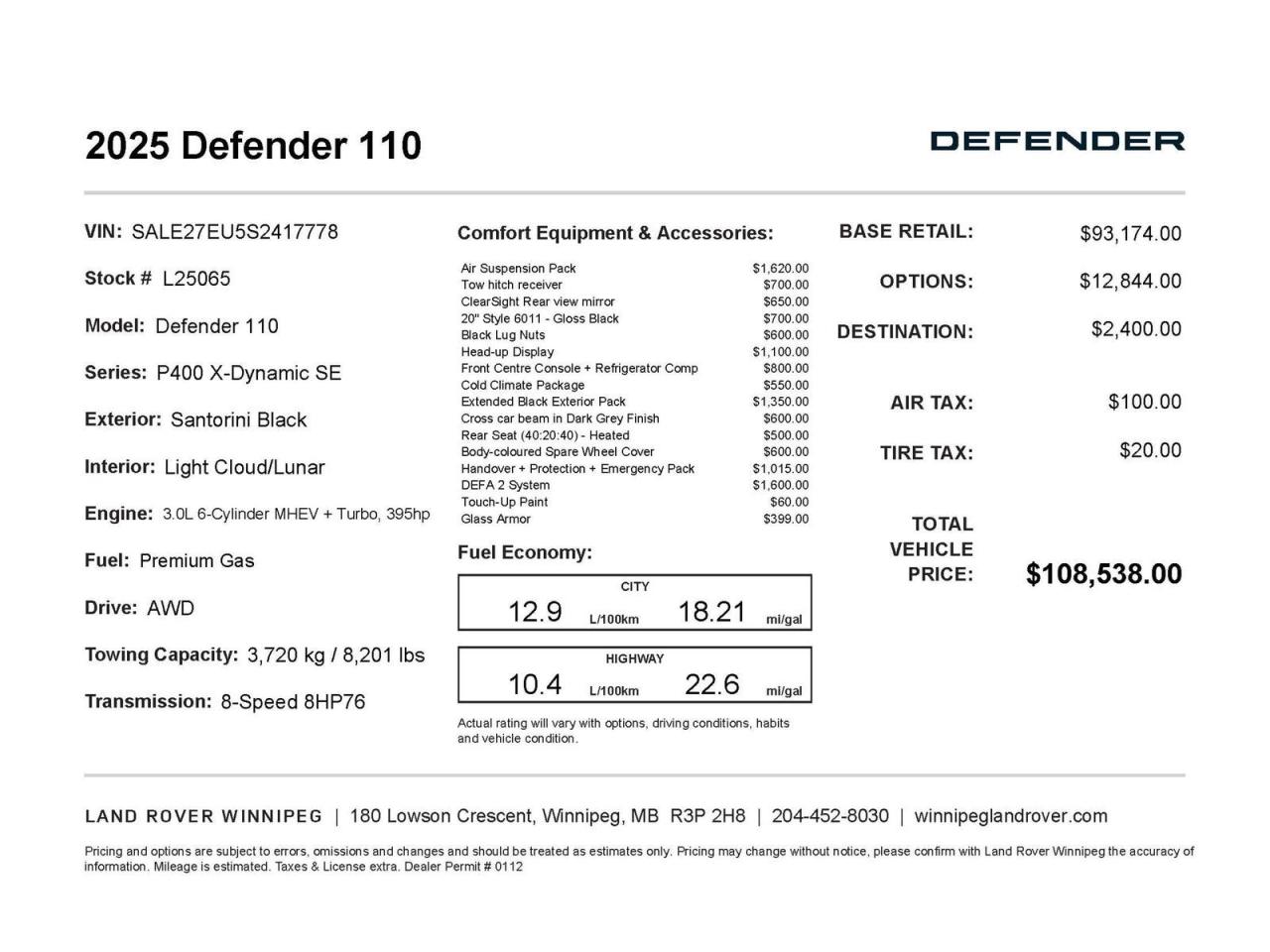 New 2025 Land Rover Defender X-Dynamic SE Black Exterior Pack with Cloud Interior for sale in Winnipeg, MB