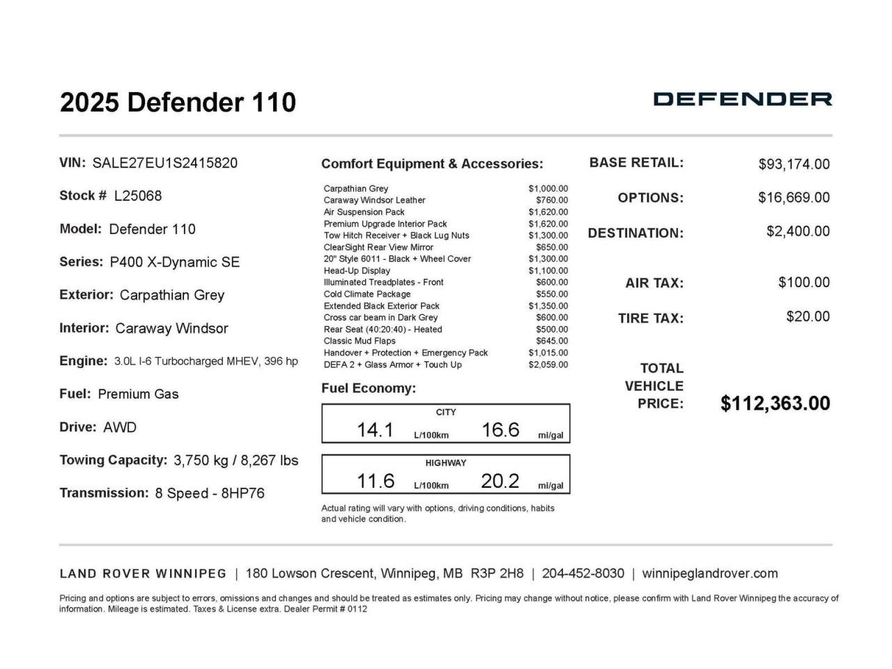 New 2025 Land Rover Defender X-Dynamic SE Carpathian Grey Premium Paint for sale in Winnipeg, MB