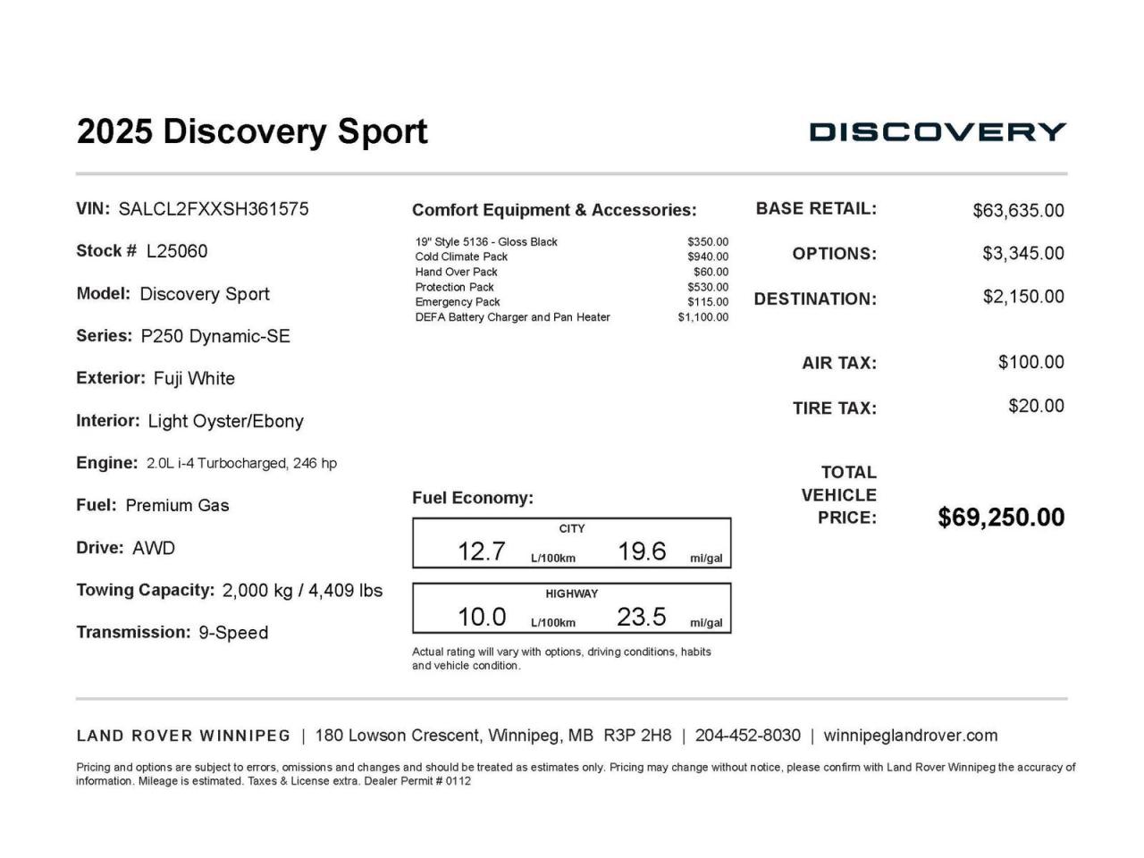 New 2025 Land Rover Discovery Sport Dynamic SE for sale in Winnipeg, MB