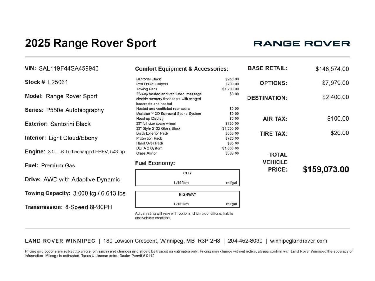 At Land Rover Winnipeg, we dont just sell vehicles; we deliver an exceptional ownership experience with your new Land Rover:

- Exclusive Perks: Enjoy on-brand loaners and rental vehicles during your scheduled service appointments.

- Convenience at Your Door: Benefit from our Land Rover Valet concierge service for hassle-free vehicle servicing.

- Keep It Clean: Complimentary washes with every service visit.

- Luxurious Comfort: Visit our state-of-the-art facility with full coffee service and premium amenities.

- Expert Care: Our Land Rover-trained technicians are dedicated to the longevity and performance of your vehicle.

Dont see exactly what youre looking for in our new or pre-owned inventory? Let our team locate it for you!

Visit us today or call for a personalized experience:

Phone: 204-452-8030
Website: winnipeglandrover.com  

Dealer Permit #0112
Dealer permit #0112