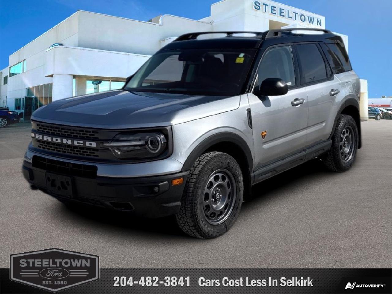 <b>Off-Road Suspension,  Heated Seats,  Skid Plates,  Remote Start,  Android Auto!</b><br> <br> We value your TIME, we wont waste it or your gas is on us!   We offer extended test drives and if you cant make it out to us we will come straight to you!<br><br><br> <br>   Designed for every adventurer, this Bronco Sport gets you out into the wile, and back again. This  2022 Ford Bronco Sport is fresh on our lot in Selkirk. <br> <br>A compact footprint, an iconic name, and modern luxury come together to make this Bronco Sport and instant classic. Whether your next adventure takes you deep into the rugged wilds, or into the rough and rumble city, this Bronco Sport is exactly what you need. With enough cargo space for all of your gear, the capability to get you anywhere, and a manageable footprint, theres nothing quite like this Ford Bronco Sport.This  SUV has 44,000 kms. Its  silver in colour  . It has an automatic transmission and is powered by a  250HP 2.0L 4 Cylinder Engine.  This unit has some remaining factory warranty for added peace of mind. <br> <br> Our Bronco Sports trim level is Badlands. Stepping up to this Bronco Sport Badlands package is a great choice as it includes heated front seats, a leather wrapped steering wheel, unique aluminum wheels, a proximity key with push button start and an advanced 4x4 system with G.O.A.T mode. It also includes an off-road suspension, LED accent lighting, Co-Pilot360, a useful flip-up rear window, fog lamps, automatic climate control and power heated side mirrors. On the inside, it features a SYNC 3 infotainment system with an 8 inch touchscreen and is paired with Apple CarPlay and Android Auto, a smart charging USB port, 60/40 split-fold rear seats, remote keyless entry, FordPass Connect. It helps keep you safe with lane keeping assist, automatic emergency braking, blind spot monitoring and rear cross traffic alert. This vehicle has been upgraded with the following features: Off-road Suspension,  Heated Seats,  Skid Plates,  Remote Start,  Android Auto,  Apple Carplay,  Ford Co-pilot360. <br> To view the original window sticker for this vehicle view this <a href=http://www.windowsticker.forddirect.com/windowsticker.pdf?vin=3FMCR9D9XNRD05296 target=_blank>http://www.windowsticker.forddirect.com/windowsticker.pdf?vin=3FMCR9D9XNRD05296</a>. <br/><br> <br>To apply right now for financing use this link : <a href=http://www.steeltownford.com/?https://CreditOnline.dealertrack.ca/Web/Default.aspx?Token=bf62ebad-31a4-49e3-93be-9b163c26b54c&La target=_blank>http://www.steeltownford.com/?https://CreditOnline.dealertrack.ca/Web/Default.aspx?Token=bf62ebad-31a4-49e3-93be-9b163c26b54c&La</a><br><br> <br/><br> Buy this vehicle now for the lowest bi-weekly payment of <b>$255.11</b> with $0 down for 96 months @ 8.99% APR O.A.C. ( Plus applicable taxes -  Platinum Shield Protection & Tire Warranty included   / Total cost of borrowing $15268   ).  See dealer for details. <br> <br>Family owned and operated in Selkirk for 35 Years.  <br>Steeltown Ford is located just 20 minutes North of the Perimeter Hwy, with an onsite banking center that offers free consultations. <br>Ask about our special dealer rates available through all major banks and credit unions.<br><br><br>Steeltown Ford Protect Plus includes:<br>- Life Time Tire Warranty <br>Cars cost less in Selkirk <br><br>Dealer Permit # 1039<br><br><br> Come by and check out our fleet of 110+ used cars and trucks and 170+ new cars and trucks for sale in Selkirk.  o~o