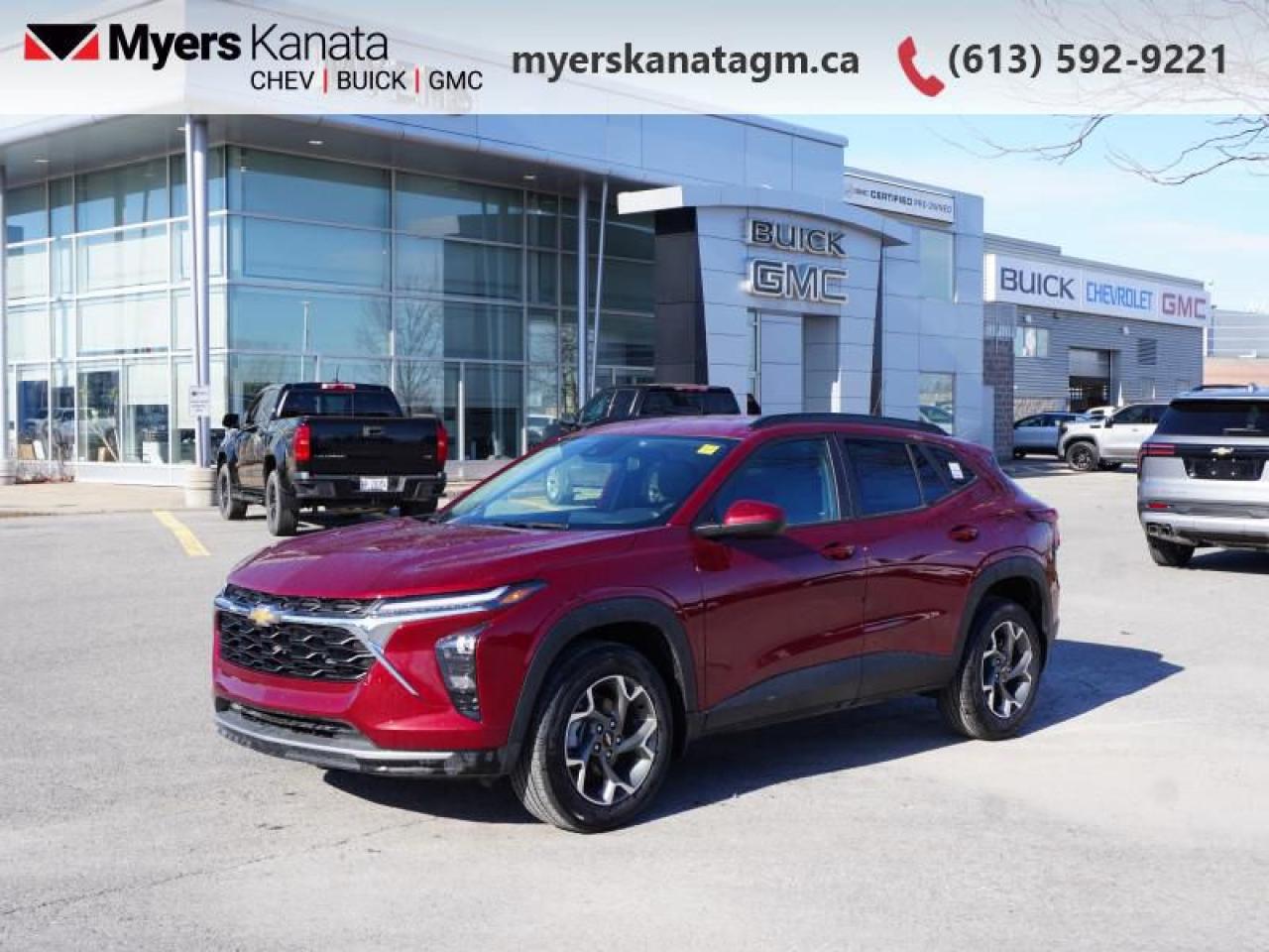 <b>Heated Seats,  Remote Start,  Adaptive Cruise Control,  Blind Spot Detection,  Heated Steering Wheel!</b><br> <br> <br> <br>At Myers, we believe in giving our customers the power of choice. When you choose to shop with a Myers Auto Group dealership, you dont just have access to one inventory, youve got the purchasing power of an entire auto group behind you!<br> <br>  With a dazzling redesign, even more room and cutting edge safety tech, this 2025 Chevy is a great crossover choice. <br> <br>The ever-popular Chevy Trax sports exciting looks with even more interior space and enhanced safety features. Compact proportions with an efficient powertrain make this crossover the ideal urban companion. Step this way to experience what prime urban commuting is with this 2025 Trax.<br> <br> This crimson metallic SUV  has an automatic transmission and is powered by a  137HP 1.2L 3 Cylinder Engine.<br> <br> Our Traxs trim level is LT. This Trax 1LT features the Driver Confidence Package with rear cross traffic alert, blind spot detection and adaptive cruise control, with the LS Convenience Package, that includes a heated steering wheel, heated side mirrors and remote engine start, along with great standard features such as heated front seats, cruise control, 60/40 split-folding rear seats, air conditioning, and an upgraded 11-inch infotainment screen with wireless Apple CarPlay and Android Auto, wi-fi hotspot capability, active noise cancellation, and SiriusXM streaming radio. Safety features also include front pedestrian braking, forward collision alert, lane keeping assist with lane departure warning, IntelliBeam, and a rearview camera. This vehicle has been upgraded with the following features: Heated Seats,  Remote Start,  Adaptive Cruise Control,  Blind Spot Detection,  Heated Steering Wheel,  Apple Carplay,  Android Auto. <br><br> <br>To apply right now for financing use this link : <a href=https://www.myerskanatagm.ca/finance/ target=_blank>https://www.myerskanatagm.ca/finance/</a><br><br> <br/>   Incentives expire 2025-03-31.  See dealer for details. <br> <br>Myers Kanata Chevrolet Buick GMC Inc is a great place to find quality used cars, trucks and SUVs. We also feature over a selection of over 50 used vehicles along with 30 certified pre-owned vehicles. Our Ottawa Chevrolet, Buick and GMC dealership is confident that youll be able to find your next used vehicle at Myers Kanata Chevrolet Buick GMC Inc. You will always find our inventory updated with the latest models. Our team believes in giving nothing but the best to our customers. Visit our Ottawa GMC, Chevrolet, and Buick dealership and get all the information you need today!<br> Come by and check out our fleet of 20+ used cars and trucks and 160+ new cars and trucks for sale in Kanata.  o~o