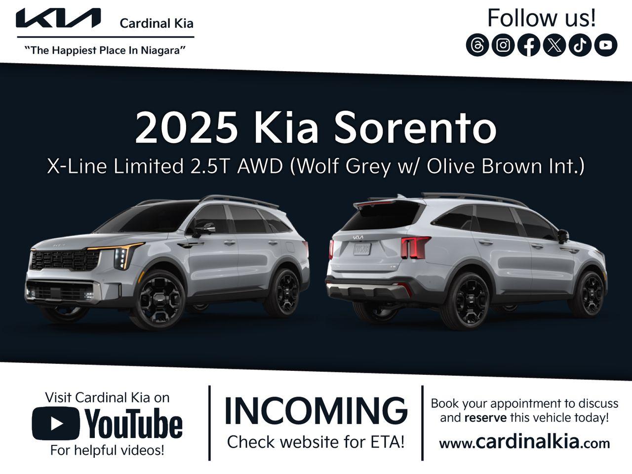 New 2025 Kia Sorento X-Line Limited Olive Brown Interior for sale in Niagara Falls, ON