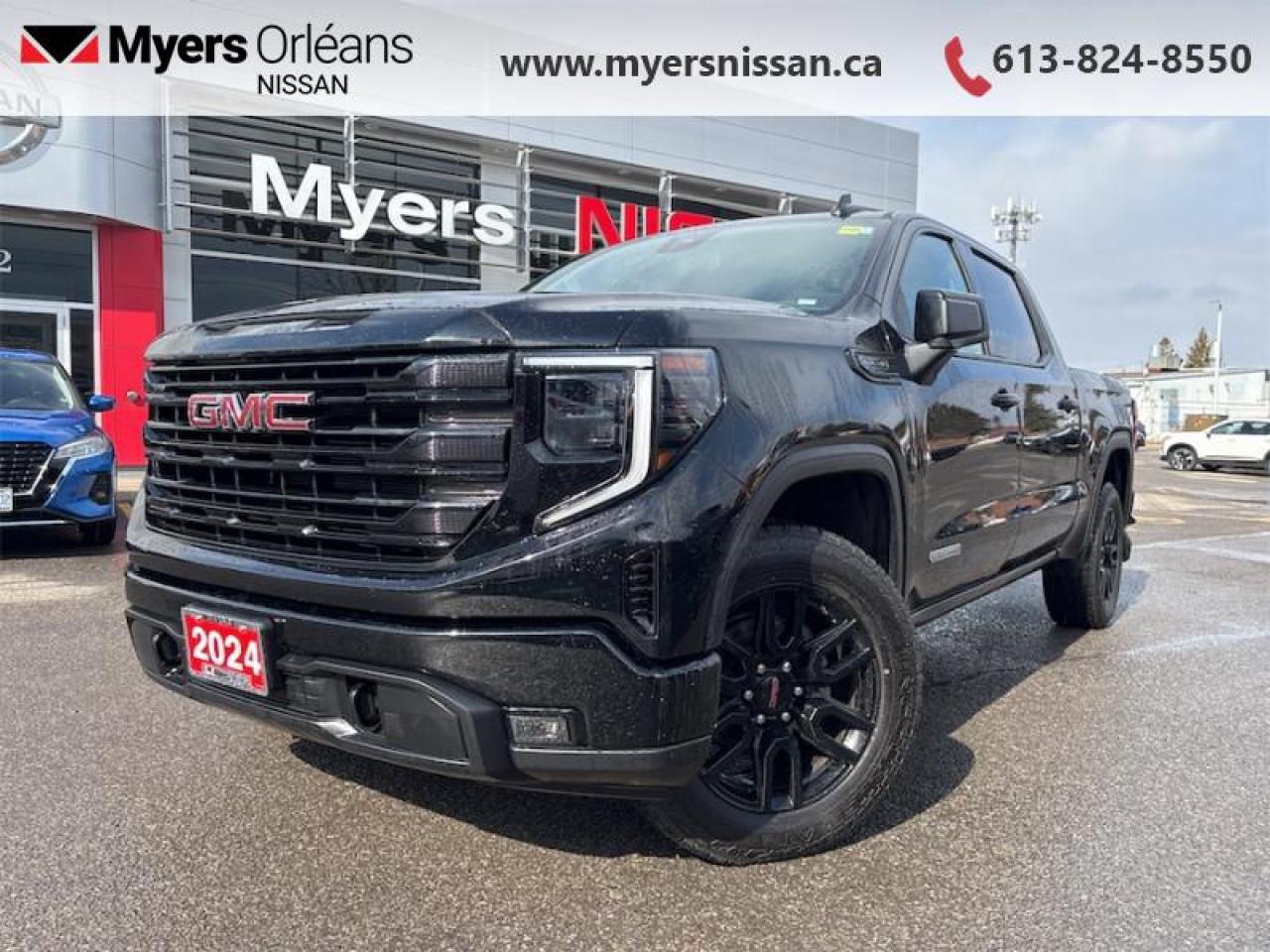 <b>Aluminum Wheels, Remote Start, Apple CarPlay, Android Auto, Streaming Audio, Teen Driver, Locking Tailgate, Forward Collision Warning, Lane Keep Assist, LED Lights, SiriusXM, 4G LTE, Tow Package</b><br> <br>  Compare at $67888 - Our Price is just $61499! <br> <br>   No matter where youre heading or what tasks need tackling, theres a premium and capable Sierra 1500 thats perfect for you. This  2024 GMC Sierra 1500 is for sale today in Orleans. <br> <br>This 2024 GMC Sierra 1500 stands out in the midsize pickup truck segment, with bold proportions that create a commanding stance on and off road. Next level comfort and technology is paired with its outstanding performance and capability. Inside, the Sierra 1500 supports you through rough terrain with expertly designed seats and robust suspension. This amazing 2024 Sierra 1500 is ready for whatever.This   pickup  has 13,295 kms. Its  onyx black in colour  and is completely accident free based on the <a href=https://vhr.carfax.ca/?id=52PKtYddTsqVFA/QgYgVWH7dedIAThmt target=_blank>CARFAX Report</a> . It has an automatic transmission and is powered by a  smooth engine. <br> <br> Our Sierra 1500s trim level is Elevation. Upgrading to this GMC Sierra 1500 Elevation is a great choice as it comes loaded with a monochromatic exterior featuring a black gloss grille and unique aluminum wheels, a massive 13.4 inch touchscreen display with wireless Apple CarPlay and Android Auto, wireless streaming audio, SiriusXM, plus a 4G LTE hotspot. Additionally, this pickup truck also features IntelliBeam LED headlights, remote engine start, forward collision warning and lane keep assist, a trailer-tow package, LED cargo area lighting, teen driver technology plus so much more!<br> <br/><br>We are proud to regularly serve our clients and ready to help you find the right car that fits your needs, your wants, and your budget.And, of course, were always happy to answer any of your questions.Proudly supporting Ottawa, Orleans, Vanier, Barrhaven, Kanata, Nepean, Stittsville, Carp, Dunrobin, Kemptville, Westboro, Cumberland, Rockland, Embrun , Casselman , Limoges, Crysler and beyond! Call us at (613) 824-8550 or use the Get More Info button for more information. Please see dealer for details. The vehicle may not be exactly as shown. The selling price includes all fees, licensing & taxes are extra. OMVIC licensed.Find out why Myers Orleans Nissan is Ottawas number one rated Nissan dealership for customer satisfaction! We take pride in offering our clients exceptional bilingual customer service throughout our sales, service and parts departments. Located just off highway 174 at the Jean DÀrc exit, in the Orleans Auto Mall, we have a huge selection of Used vehicles and our professional team will help you find the Nissan that fits both your lifestyle and budget. And if we dont have it here, we will find it or you! Visit or call us today.<br>*LIFETIME ENGINE TRANSMISSION WARRANTY NOT AVAILABLE ON VEHICLES WITH KMS EXCEEDING 140,000KM, VEHICLES 8 YEARS & OLDER, OR HIGHLINE BRAND VEHICLE(eg. BMW, INFINITI. CADILLAC, LEXUS...)<br> Come by and check out our fleet of 30+ used cars and trucks and 120+ new cars and trucks for sale in Orleans.  o~o