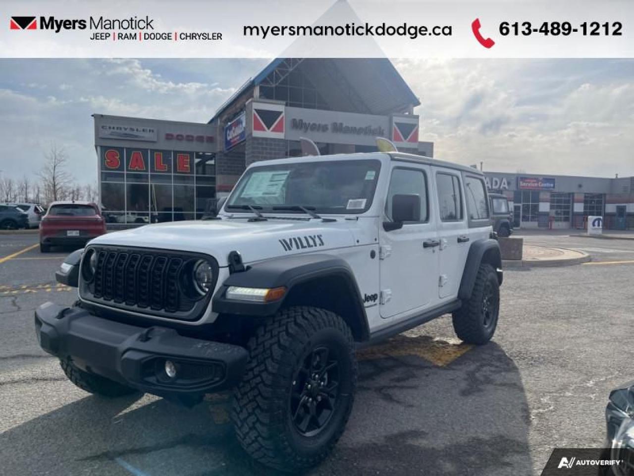 <b>Safety Group, Freedom Top!</b><br> <br> <br> <br>Call 613-489-1212 to speak to our friendly sales staff today, or come by the dealership!<br> <br>  This Jeep Wrangler is the culmination of tireless innovation and extensive testing to build the ultimate off-road SUV! <br> <br>No matter where your next adventure takes you, this Jeep Wrangler is ready for the challenge. With advanced traction and handling capability, sophisticated safety features and ample ground clearance, the Wrangler is designed to climb up and crawl over the toughest terrain. Inside the cabin of this Wrangler offers supportive seats and comes loaded with the technology you expect while staying loyal to the style and design youve come to know and love.<br> <br> This bright white SUV  has an automatic transmission and is powered by a  285HP 3.6L V6 Cylinder Engine.<br> <br> Our Wranglers trim level is Willys. This off-road icon in the Willys trim features off-road wheels with beefier suspension, comes standard with tow equipment that includes trailer sway control, front and rear tow hooks, front fog lamps, and a manual convertible top with fixed rollover protection. Also standard include front and rear illuminated cupholders, air conditioning, full carpet floors with all-weather mats, an 8-speaker audio system, and a 12.3-inch infotainment screen powered by Uconnect 5W, with smartphone integration and mobile hotspot internet access. Additional features include cruise control, a rearview camera, and even more. This vehicle has been upgraded with the following features: Safety Group, Freedom Top. <br><br> View the original window sticker for this vehicle with this url <b><a href=http://www.chrysler.com/hostd/windowsticker/getWindowStickerPdf.do?vin=1C4PJXDG7SW541414 target=_blank>http://www.chrysler.com/hostd/windowsticker/getWindowStickerPdf.do?vin=1C4PJXDG7SW541414</a></b>.<br> <br>To apply right now for financing use this link : <a href=https://CreditOnline.dealertrack.ca/Web/Default.aspx?Token=3206df1a-492e-4453-9f18-918b5245c510&Lang=en target=_blank>https://CreditOnline.dealertrack.ca/Web/Default.aspx?Token=3206df1a-492e-4453-9f18-918b5245c510&Lang=en</a><br><br> <br/> Total  rebate of $3579 is reflected in the price.  <br> Buy this vehicle now for the lowest weekly payment of <b>$209.23</b> with $0 down for 96 months @ 5.49% APR O.A.C. ( Plus applicable taxes -  $1199  fees included in price    ).  Incentives expire 2025-03-31.  See dealer for details. <br> <br>If youre looking for a Dodge, Ram, Jeep, and Chrysler dealership in Ottawa that always goes above and beyond for you, visit Myers Manotick Dodge today! Were more than just great cars. We provide the kind of world-class Dodge service experience near Kanata that will make you a Myers customer for life. And with fabulous perks like extended service hours, our 30-day tire price guarantee, the Myers No Charge Engine/Transmission for Life program, and complimentary shuttle service, its no wonder were a top choice for drivers everywhere. Get more with Myers!<br> Come by and check out our fleet of 30+ used cars and trucks and 60+ new cars and trucks for sale in Manotick.  o~o