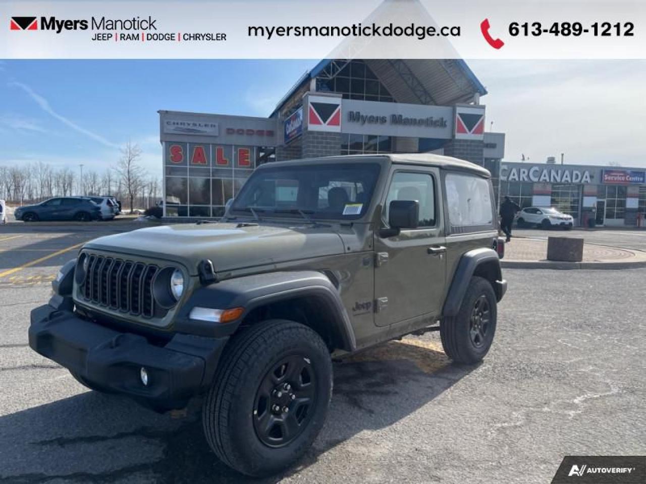 <b>Mobile Hotspot,  Proximity Key,  Cruise Control,  Rear Camera!</b><br> <br> <br> <br>Call 613-489-1212 to speak to our friendly sales staff today, or come by the dealership!<br> <br>  This Jeep Wrangler is the culmination of tireless innovation and extensive testing to build the ultimate off-road SUV! <br> <br>No matter where your next adventure takes you, this Jeep Wrangler is ready for the challenge. With advanced traction and handling capability, sophisticated safety features and ample ground clearance, the Wrangler is designed to climb up and crawl over the toughest terrain. Inside the cabin of this Wrangler offers supportive seats and comes loaded with the technology you expect while staying loyal to the style and design youve come to know and love.<br> <br> This  SUV  has a manual transmission and is powered by a  285HP 3.6L V6 Cylinder Engine.<br> <br> Our Wranglers trim level is Sport. This off-road icon in the Sport trim comes standard with tow equipment that includes trailer sway control, front and rear tow hooks, front fog lamps, and a manual convertible top with fixed rollover protection. Also standard include front and rear illuminated cupholders, air conditioning, an 8-speaker audio system, and a 12.3-inch infotainment screen powered by Uconnect 5W, with smartphone integration and mobile hotspot internet access. Additional features include cruise control, a rearview camera, and even more. This vehicle has been upgraded with the following features: Mobile Hotspot,  Proximity Key,  Cruise Control,  Rear Camera. <br><br> View the original window sticker for this vehicle with this url <b><a href=http://www.chrysler.com/hostd/windowsticker/getWindowStickerPdf.do?vin=1C4PJXAG6SW554837 target=_blank>http://www.chrysler.com/hostd/windowsticker/getWindowStickerPdf.do?vin=1C4PJXAG6SW554837</a></b>.<br> <br>To apply right now for financing use this link : <a href=https://CreditOnline.dealertrack.ca/Web/Default.aspx?Token=3206df1a-492e-4453-9f18-918b5245c510&Lang=en target=_blank>https://CreditOnline.dealertrack.ca/Web/Default.aspx?Token=3206df1a-492e-4453-9f18-918b5245c510&Lang=en</a><br><br> <br/>  <br> Buy this vehicle now for the lowest weekly payment of <b>$136.13</b> with $0 down for 96 months @ 5.49% APR O.A.C. ( Plus applicable taxes -  $1199  fees included in price    ).  Incentives expire 2025-03-31.  See dealer for details. <br> <br>If youre looking for a Dodge, Ram, Jeep, and Chrysler dealership in Ottawa that always goes above and beyond for you, visit Myers Manotick Dodge today! Were more than just great cars. We provide the kind of world-class Dodge service experience near Kanata that will make you a Myers customer for life. And with fabulous perks like extended service hours, our 30-day tire price guarantee, the Myers No Charge Engine/Transmission for Life program, and complimentary shuttle service, its no wonder were a top choice for drivers everywhere. Get more with Myers!<br> Come by and check out our fleet of 30+ used cars and trucks and 60+ new cars and trucks for sale in Manotick.  o~o